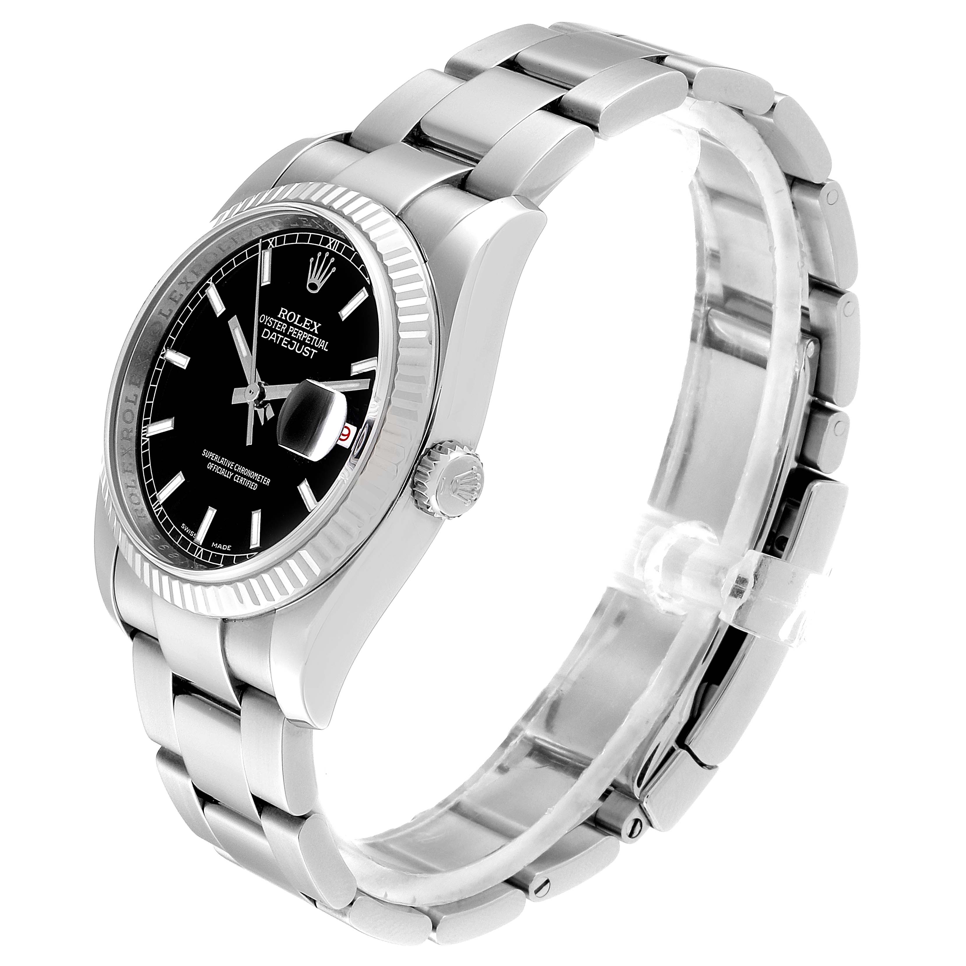 This image shows a side angle of a Rolex Datejust 116234 Men's Stainless Steel Black Dial 116234 Men's Stainless Steel Black Dial watch, highlighting the face, bezel, crown, and bracelet.