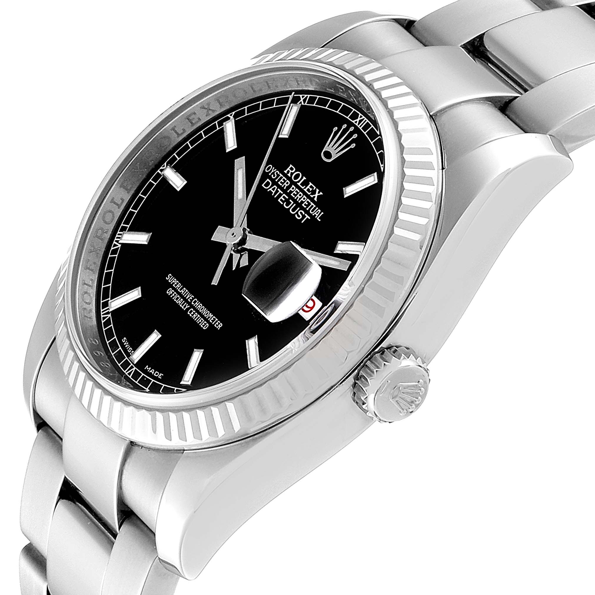 This image shows a side and partial front view of a Rolex Datejust 116234 Men's Stainless Steel Black Dial 116234 Men's Stainless Steel Black Dial watch, highlighting the dial, bezel, crown, and bracelet.