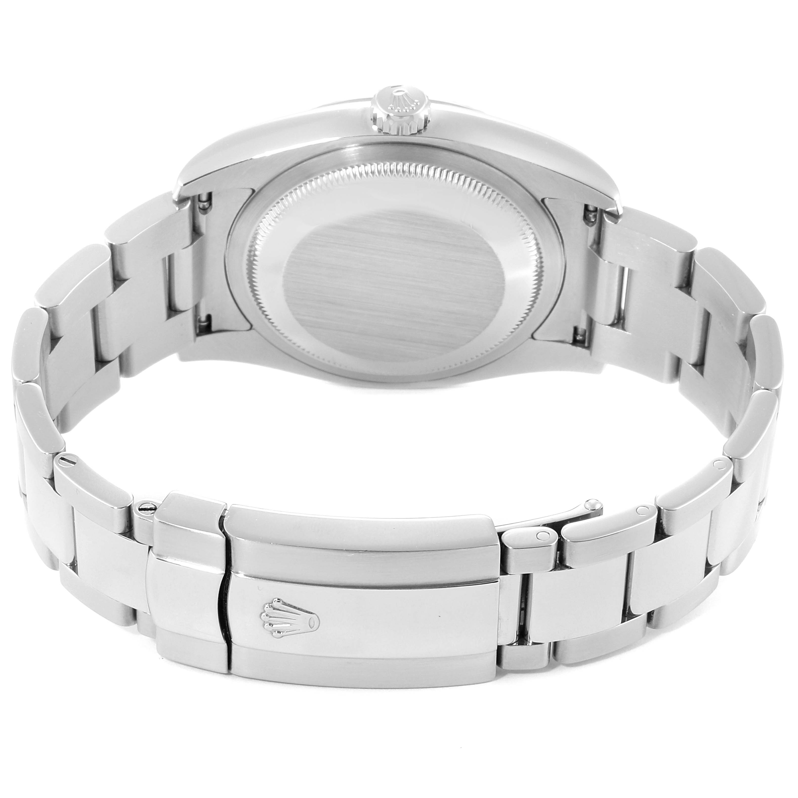 The image shows the back view of a Rolex Datejust 116234 Men's Stainless Steel Black Dial 116234 Men's Stainless Steel Black Dial watch, highlighting the case back and clasp.