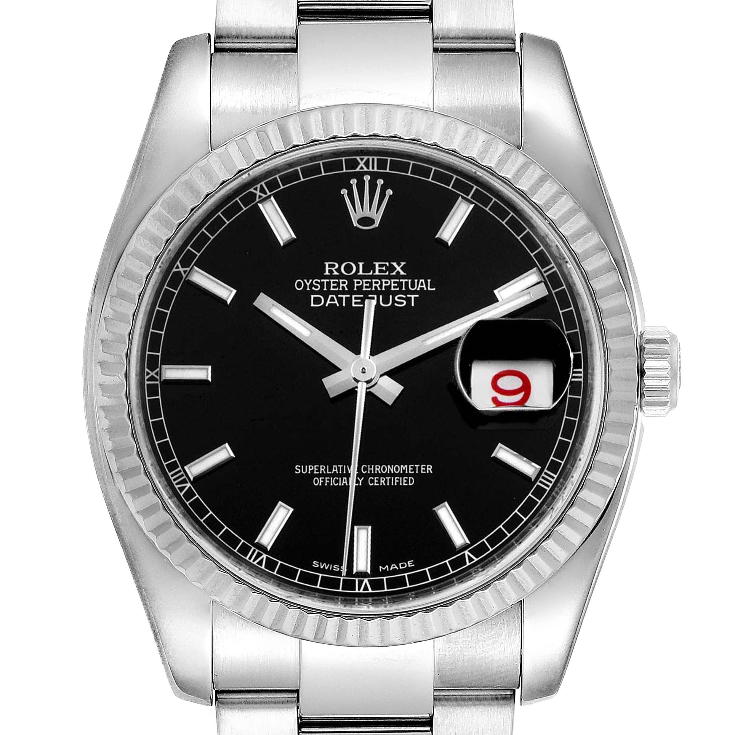 The image shows a front view of a Rolex Datejust 116234 Men's Stainless Steel Black Dial 116234 Men's Stainless Steel Black Dial watch, featuring its black dial, fluted bezel, and stainless steel bracelet.