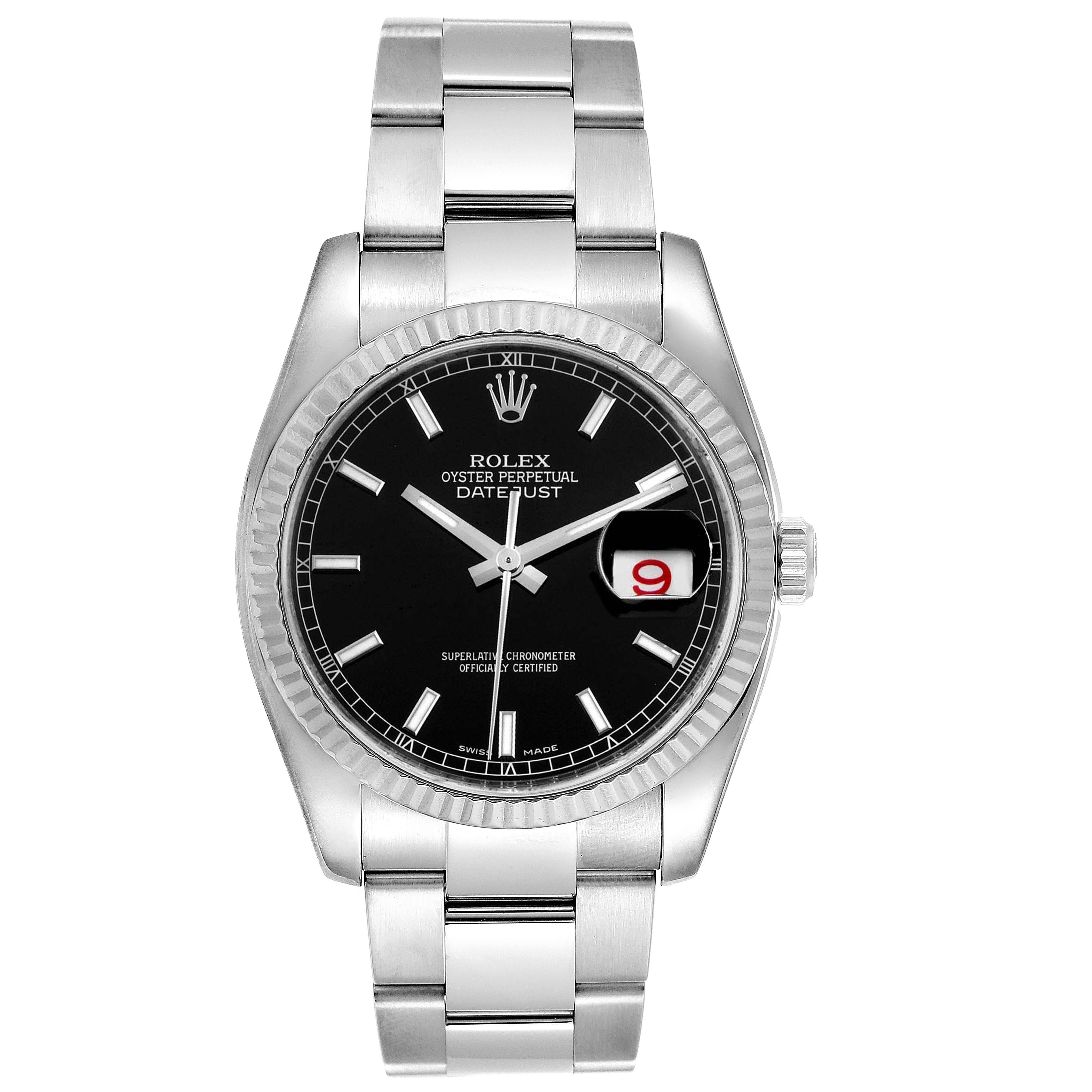 This image shows a front view of a Rolex Datejust 116234 Men's Stainless Steel Black Dial 116234 Men's Stainless Steel Black Dial, displaying the watch face, bezel, and stainless steel bracelet.