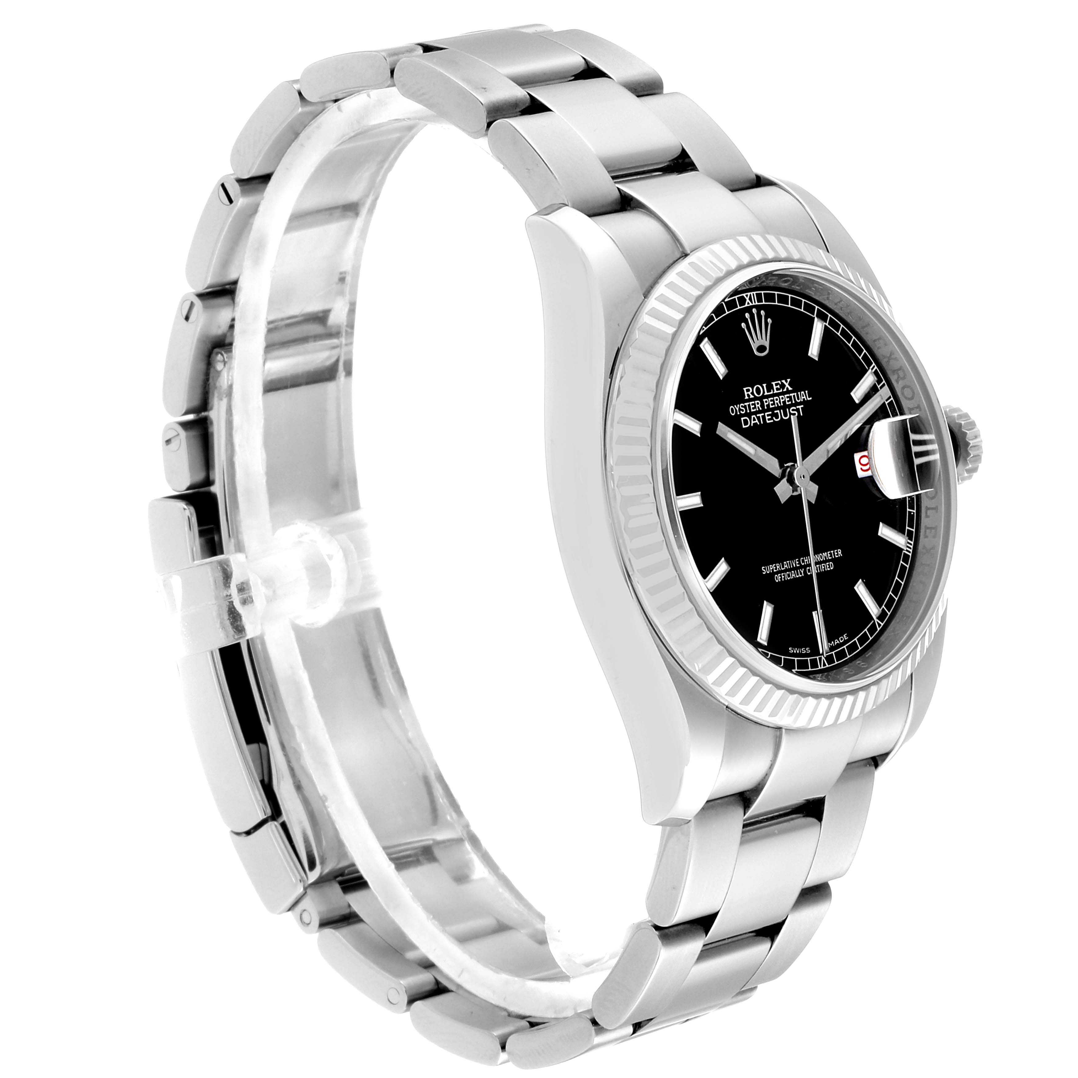 This Rolex Datejust 116234 Men's Stainless Steel Black Dial 116234 Men's Stainless Steel Black Dial watch is shown at an angled side view, highlighting its bracelet and black dial.