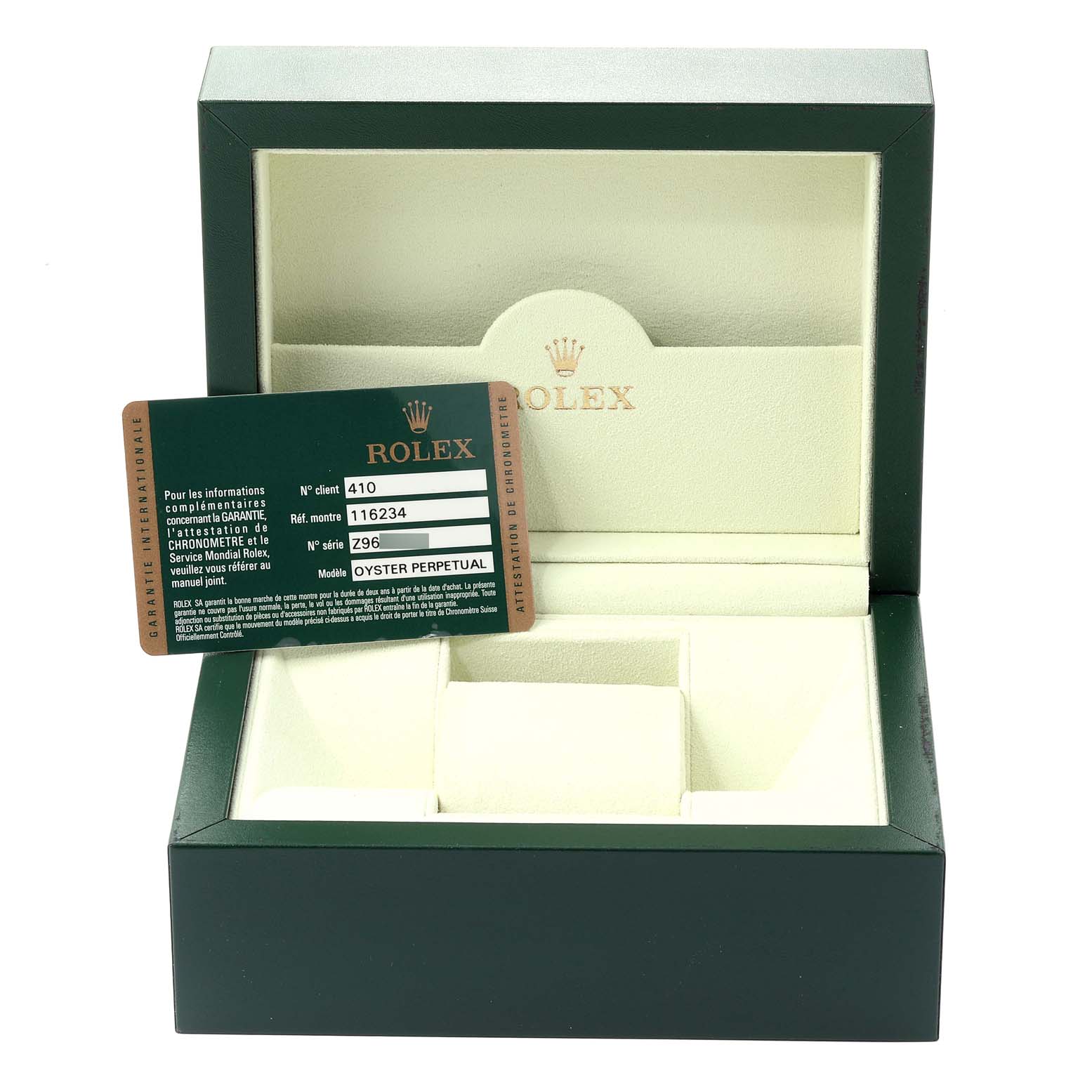 A Rolex Datejust 116234 Men's Stainless Steel Black Dial 116234 Men's Stainless Steel Black Dial model card and an empty watch box are shown from the front angle.