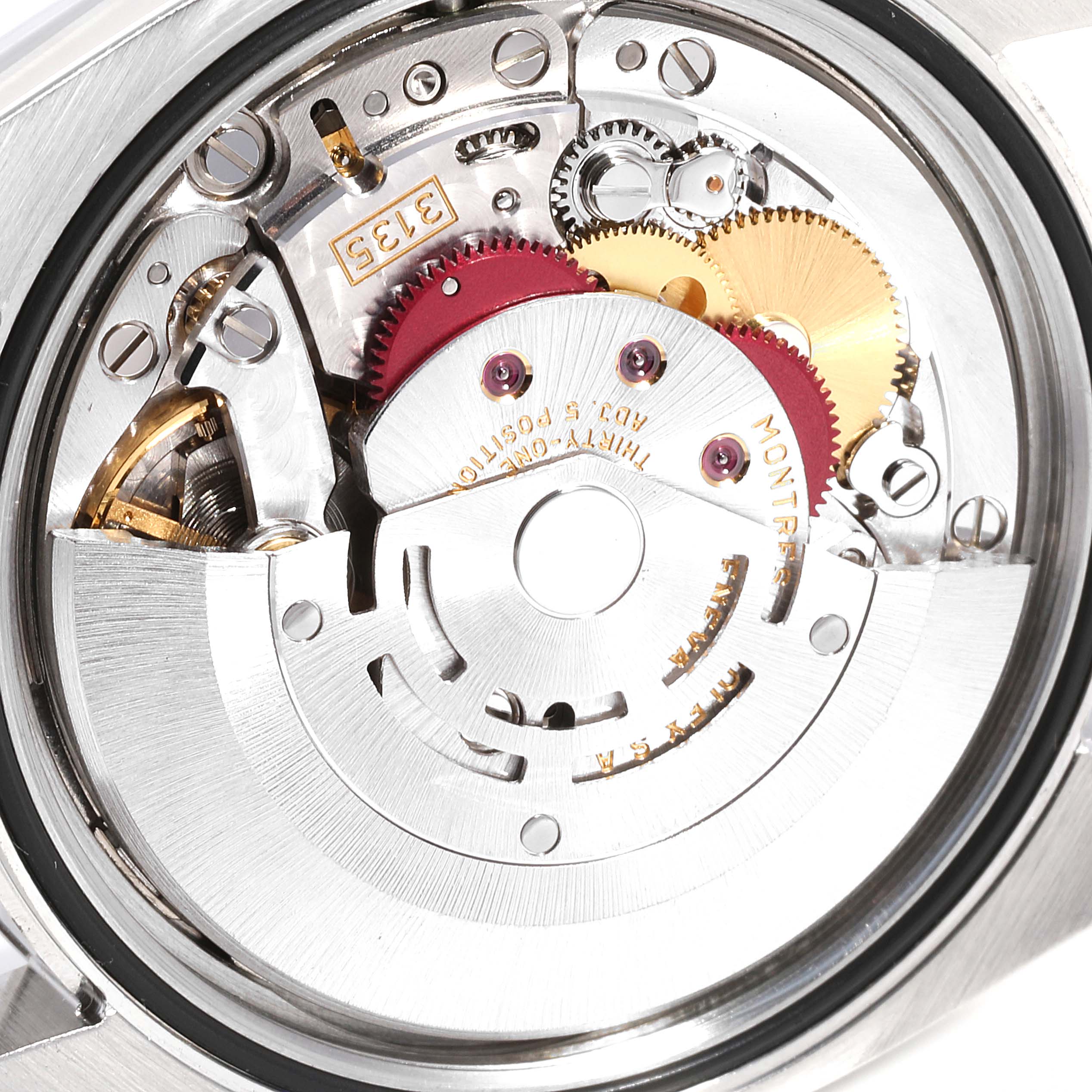 This image shows a close-up of the movement inside a Rolex Datejust 116234 Men's Stainless Steel Black Dial 116234 Men's Stainless Steel Black Dial watch.
