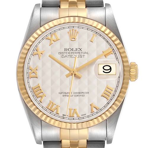 The Rolex Datejust 116233 Men's Steel and Gold (two tone) Beige Dial watch is shown from the front, highlighting the face, dial, hands, and two-tone bracelet.