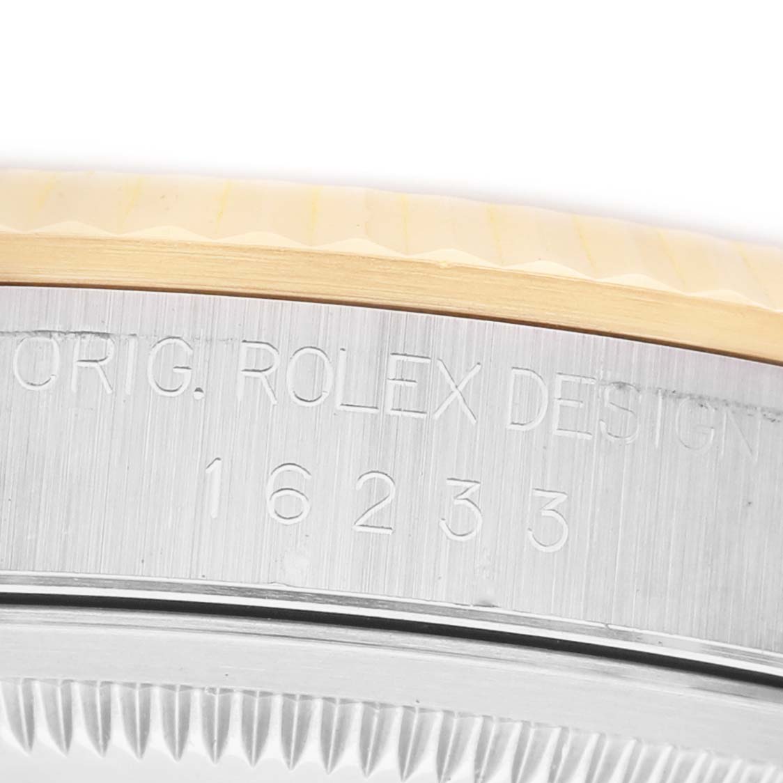 The image shows the side view of a Rolex Datejust 116233 Men's Steel and Gold (two tone) Beige Dial watch case, highlighting the model number 16233 engraved on the metal.