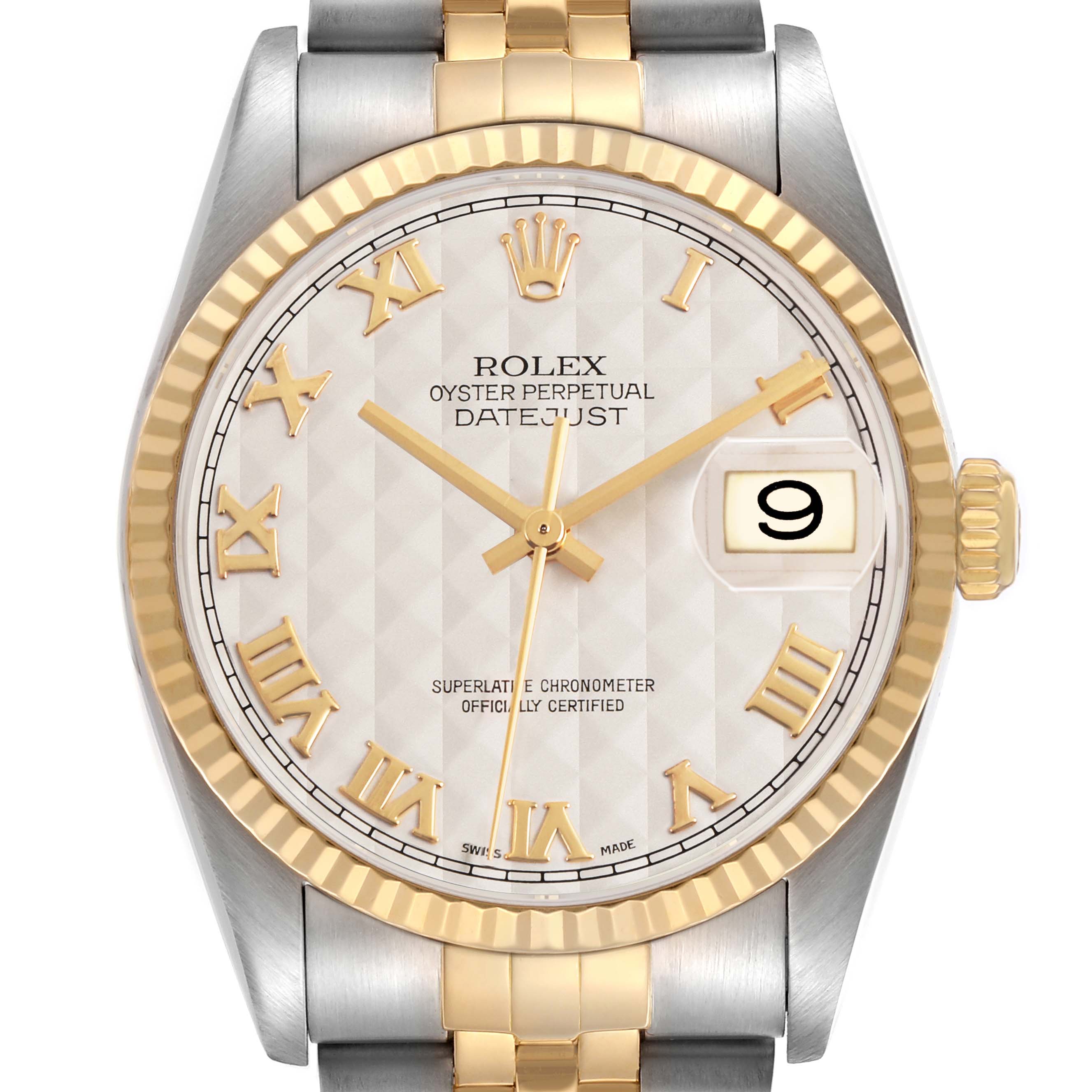 The Rolex Datejust 116233 Men's Steel and Gold (two tone) Beige Dial watch is shown from the front, highlighting the dial, bezel, bracelet, and crown with Roman numerals and date window.