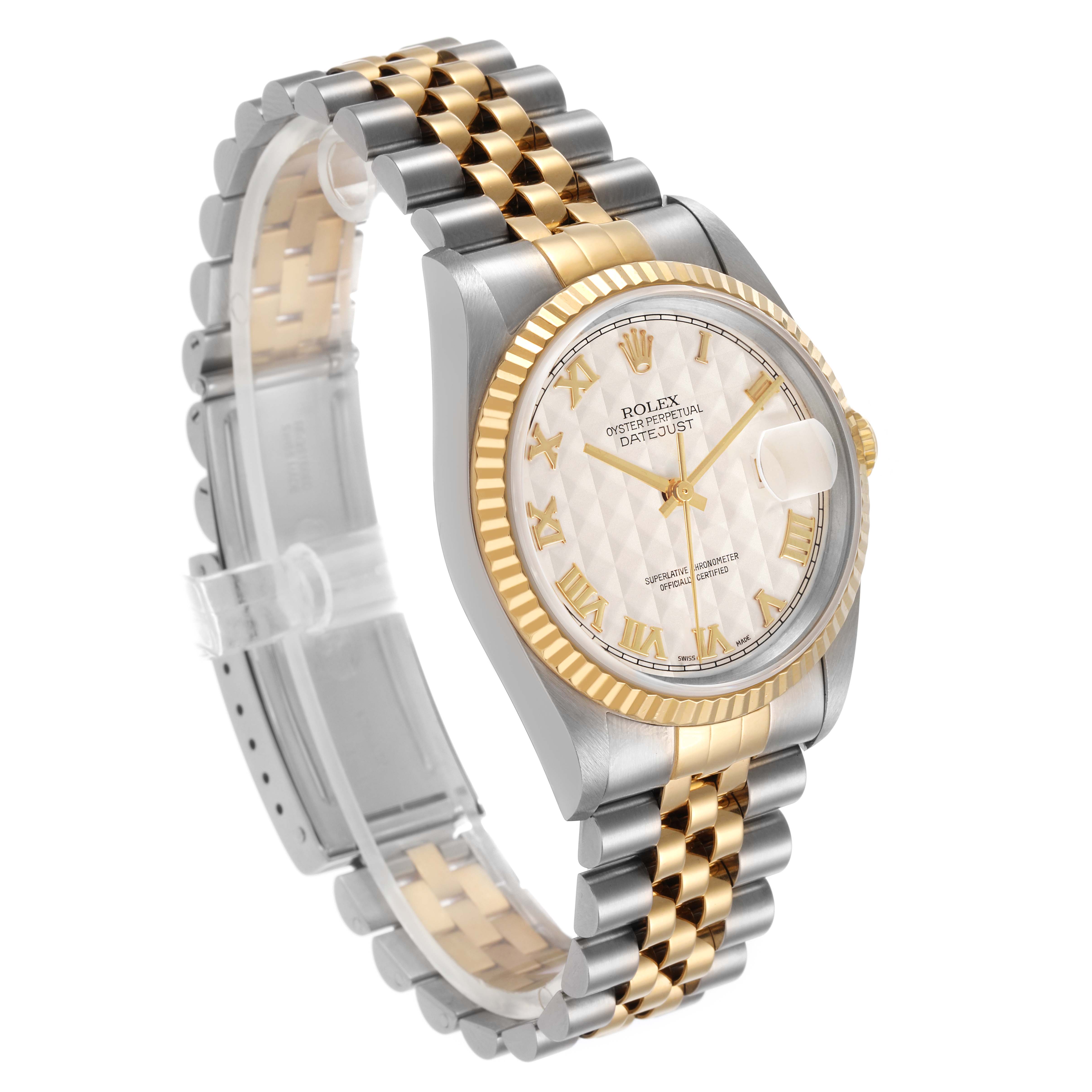 The Rolex Datejust 116233 Men's Steel and Gold (two tone) Beige Dial is shown at a three-quarter angle, highlighting the bezel, dial, and Jubilee bracelet.