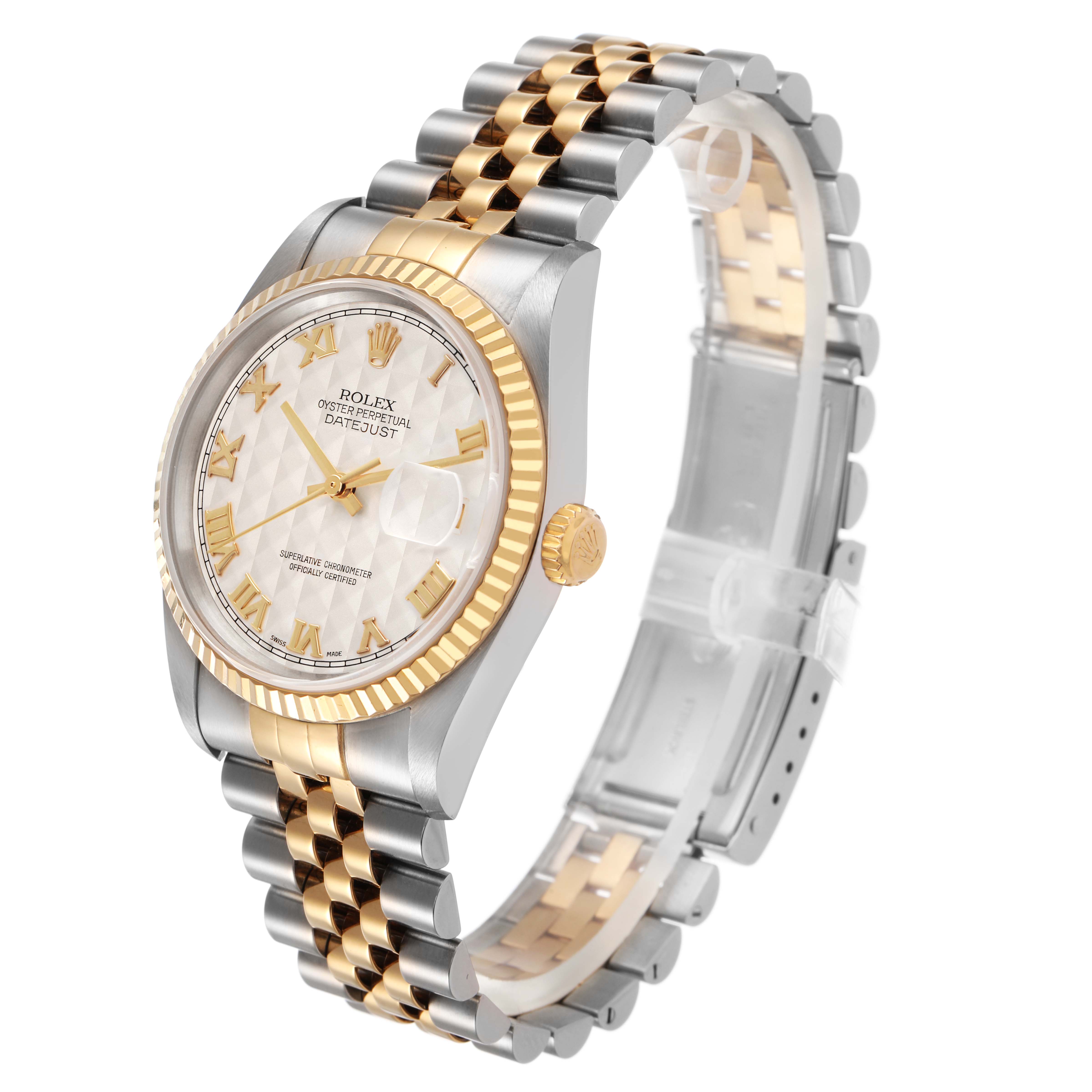 The Rolex Datejust 116233 Men's Steel and Gold (two tone) Beige Dial watch is shown at a 3/4 angle displaying the face, bezel, crown, and jubilee bracelet.