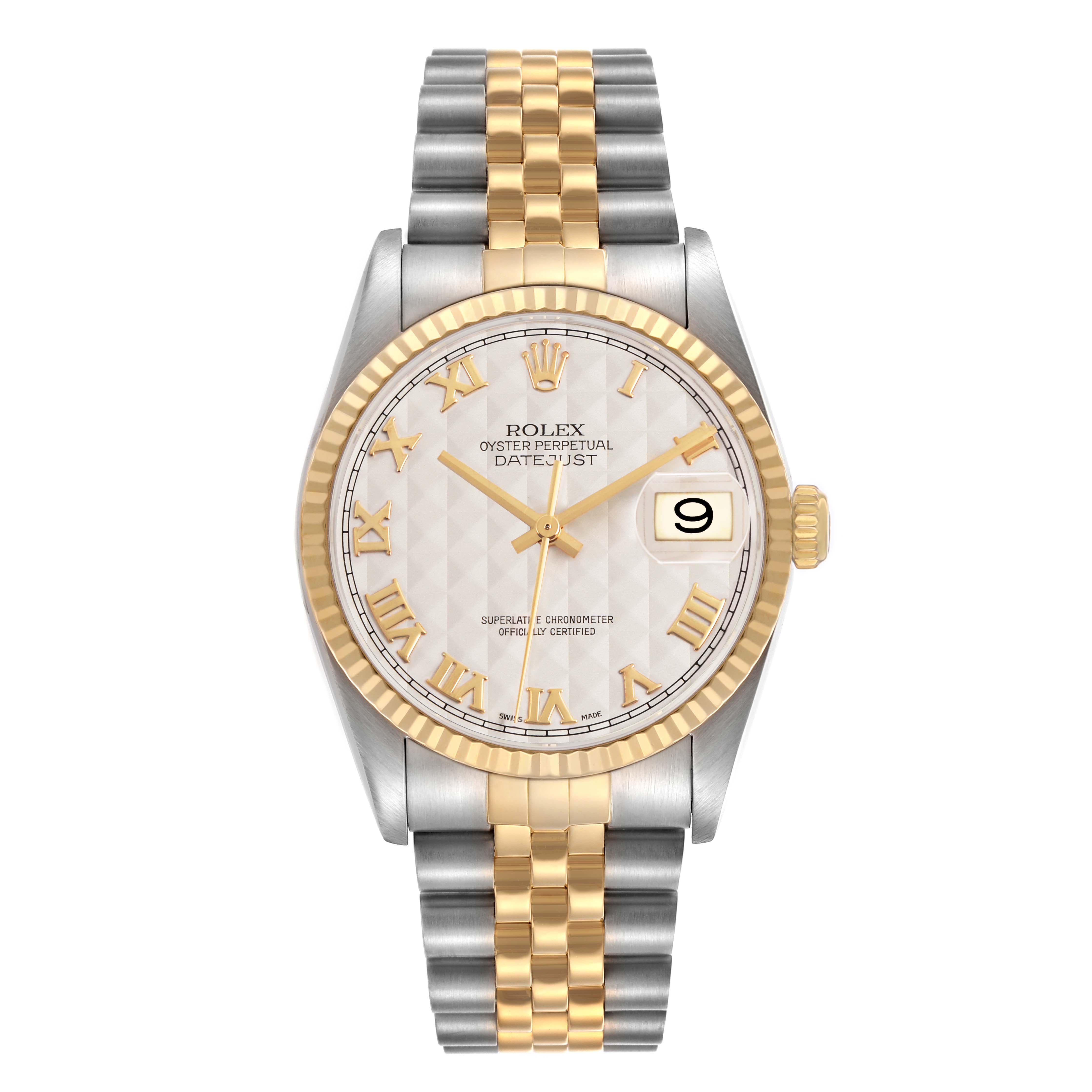 The Rolex Datejust 116233 Men's Steel and Gold (two tone) Beige Dial watch is shown from a frontal angle, displaying the dial, bezel, and jubilee bracelet.