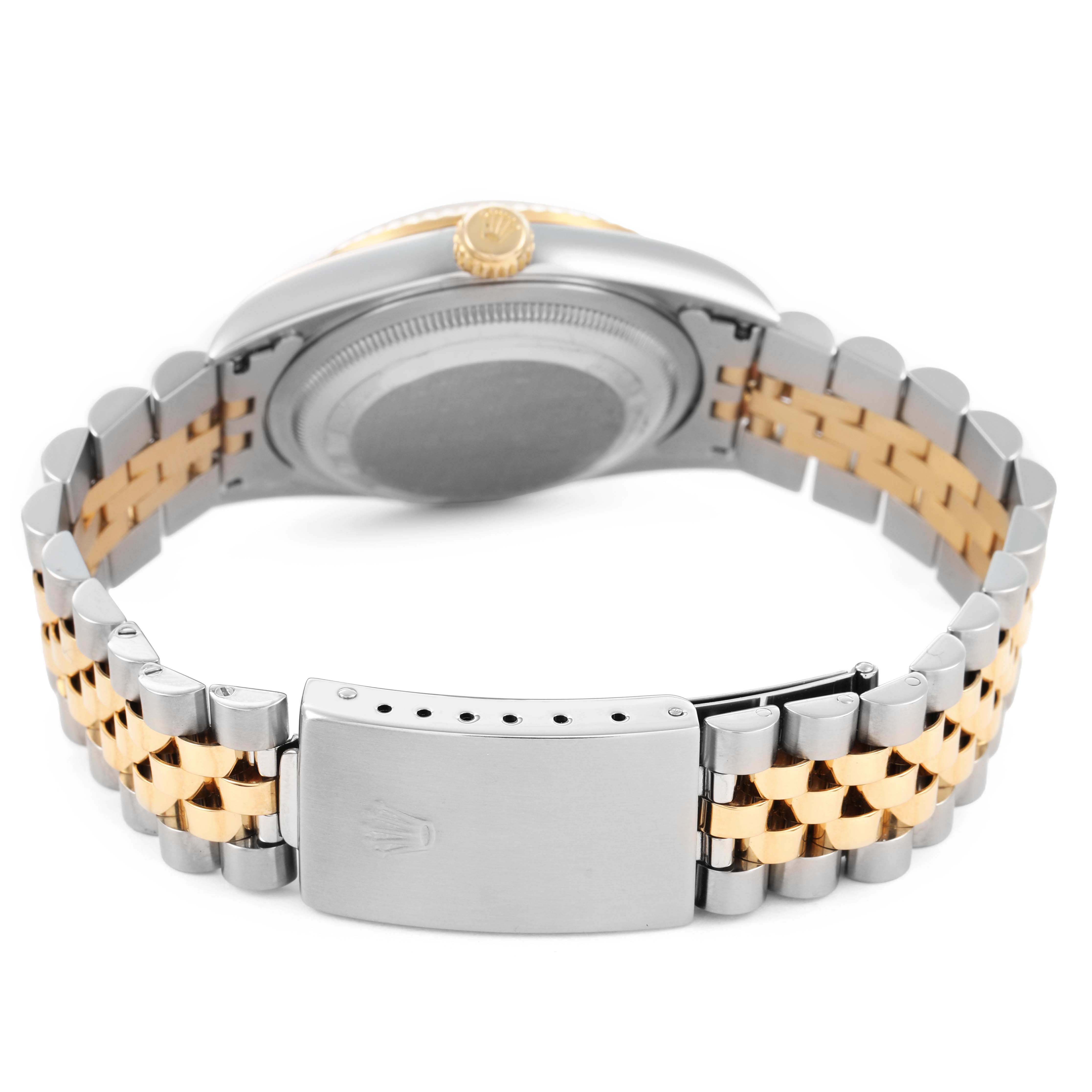 The image shows the back of a Rolex Datejust 116233 Men's Steel and Gold (two tone) Beige Dial watch, highlighting its two-tone bracelet and clasp.