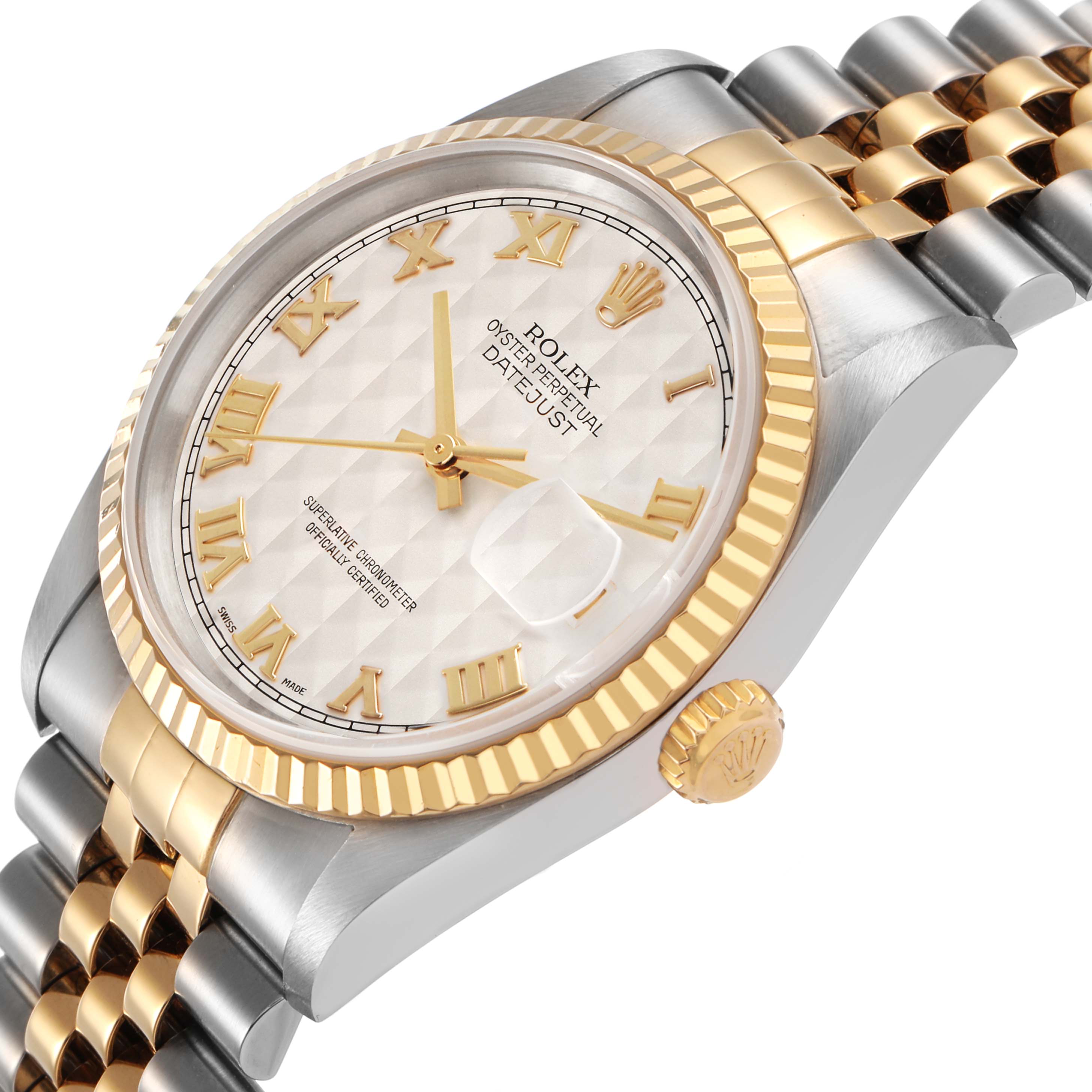 The Rolex Datejust 116233 Men's Steel and Gold (two tone) Beige Dial watch is shown at a three-quarter angle highlighting the bezel, crown, dial, and part of the bracelet.