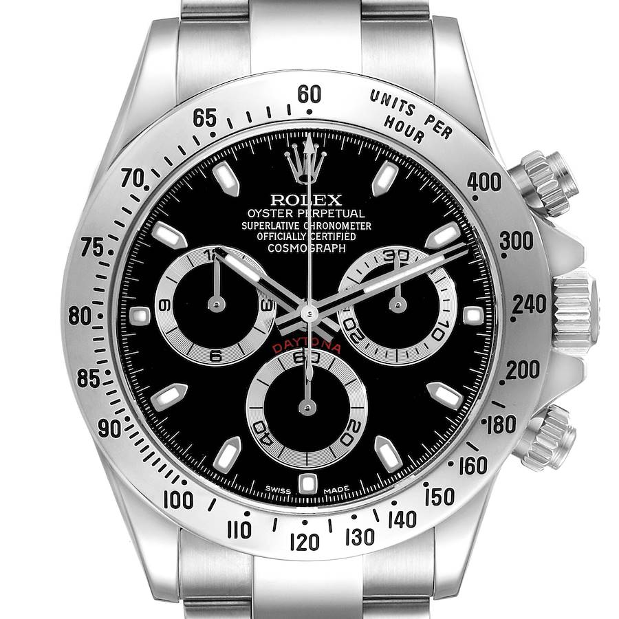 The Rolex Daytona watch is shown from a front angle, displaying the face, bezel, crown, and chronograph pushers.