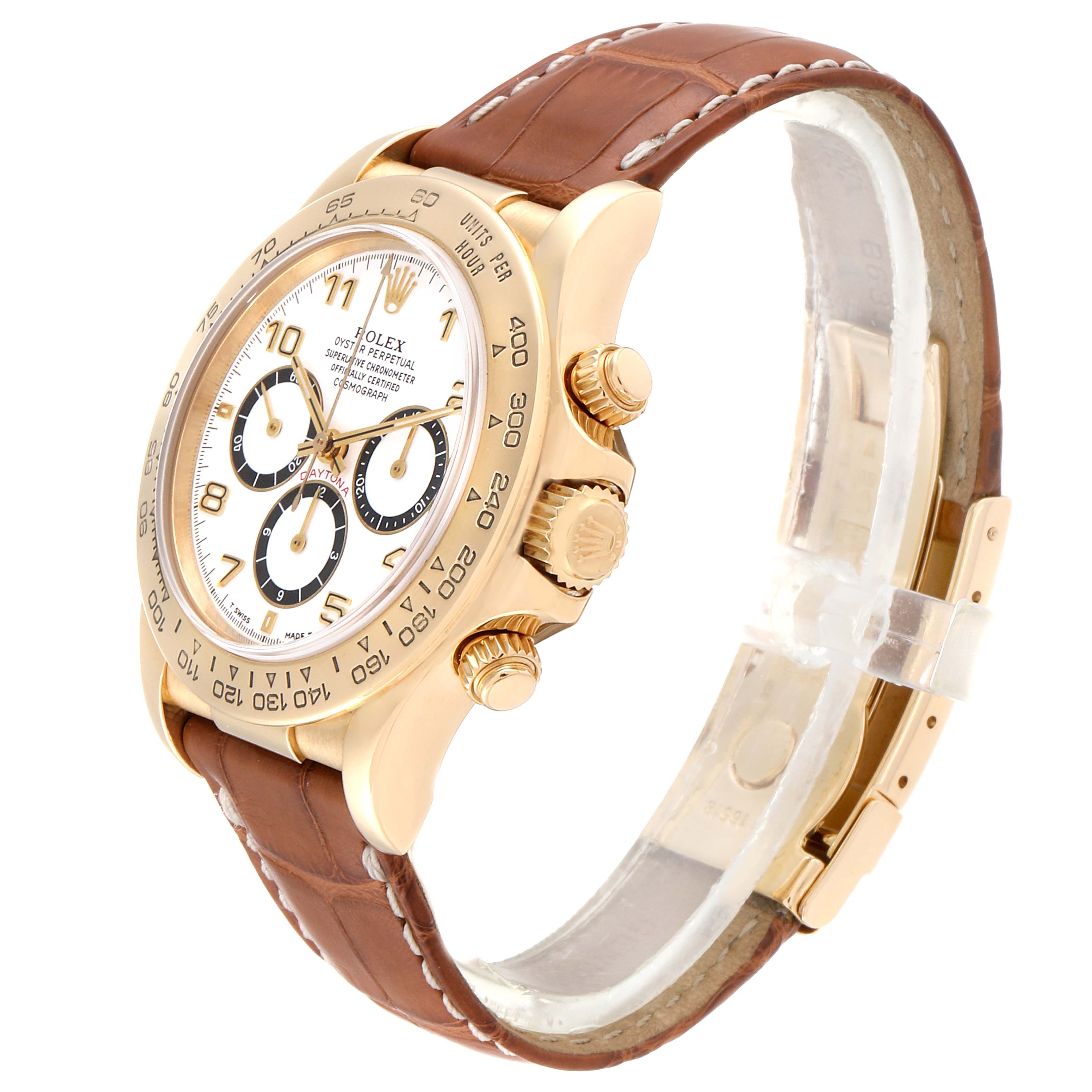 The Rolex Daytona 16518 Men's Yellow Gold White Dial 16518 Men's Yellow Gold White Dial watch is shown at a 3/4 angle, highlighting its dial, bezel, pushers, and leather strap.