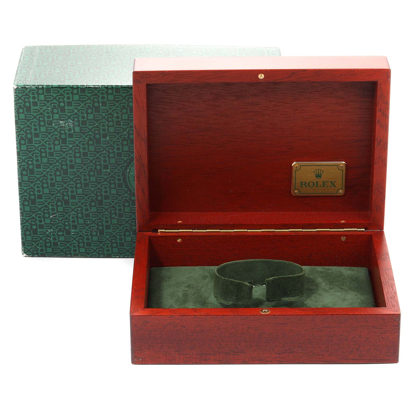 The image shows an open wooden Rolex Daytona 16518 Men's Yellow Gold White Dial 16518 Men's Yellow Gold White Dial watch box with a green interior and a nameplate, alongside its green outer box.