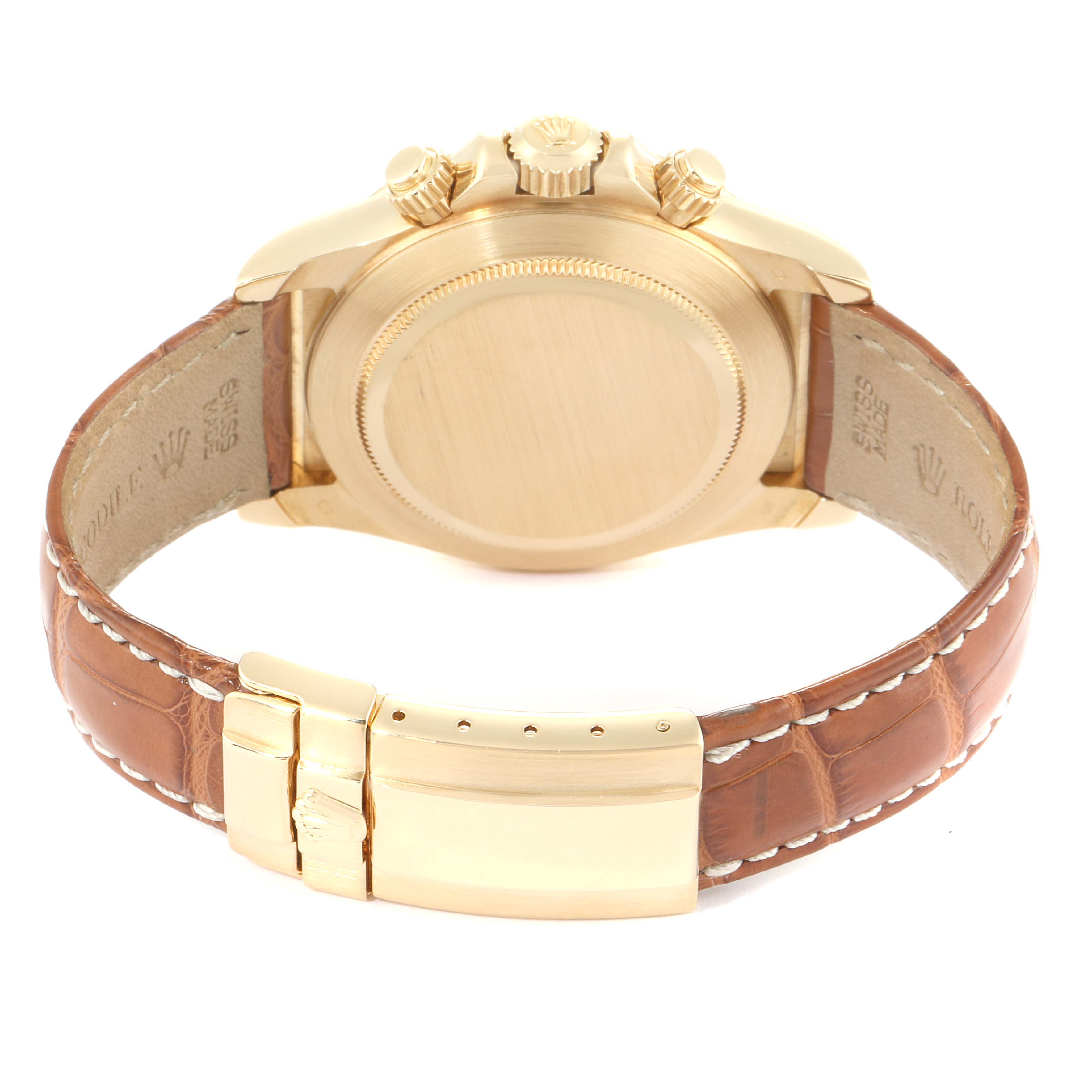 The image shows the back view and strap of a Rolex Daytona 16518 Men's Yellow Gold White Dial 16518 Men's Yellow Gold White Dial watch in gold with a leather band and deployment clasp.