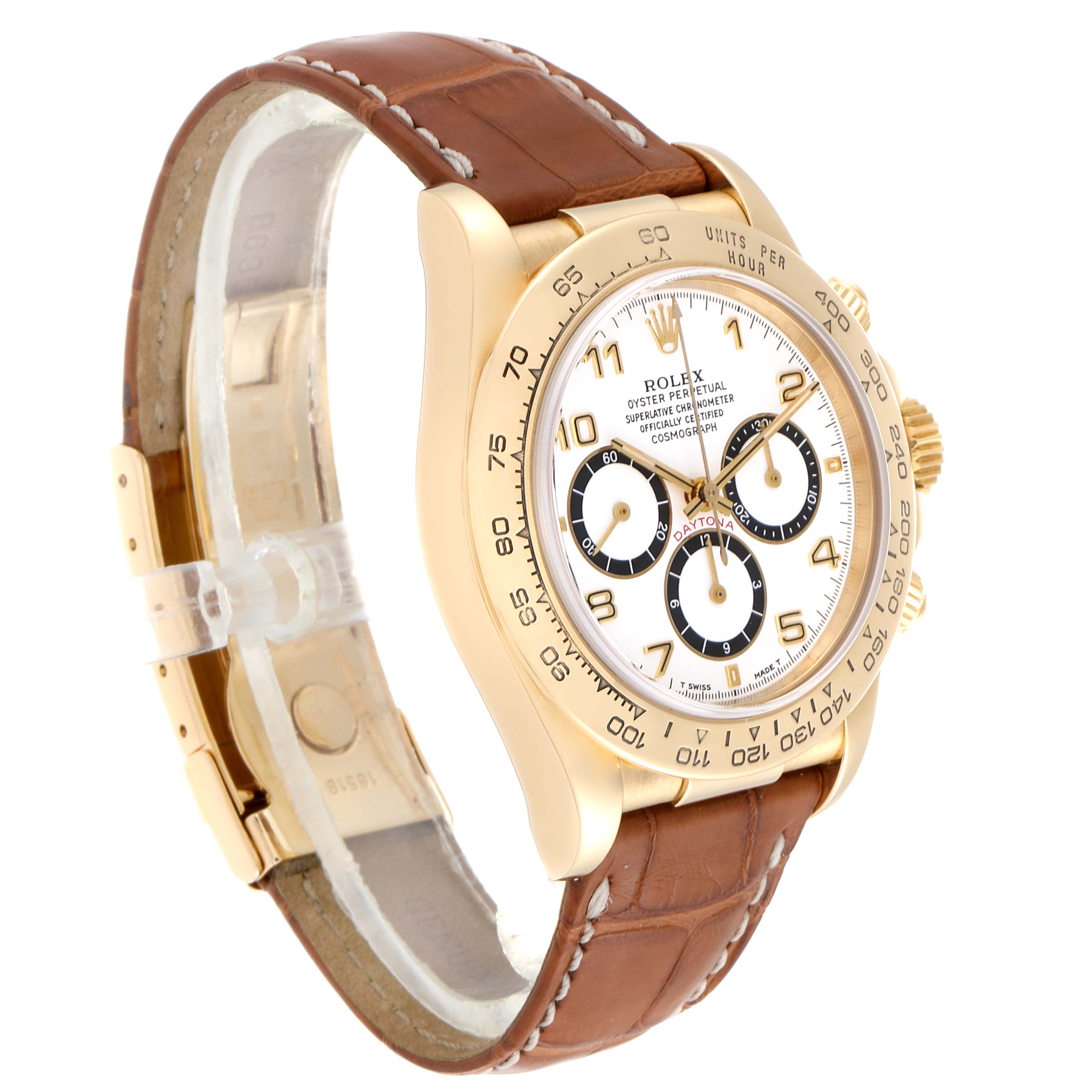 The image shows a side angle of the Rolex Daytona 16518 Men's Yellow Gold White Dial 16518 Men's Yellow Gold White Dial watch, highlighting its case, dial, bezel, and leather strap.