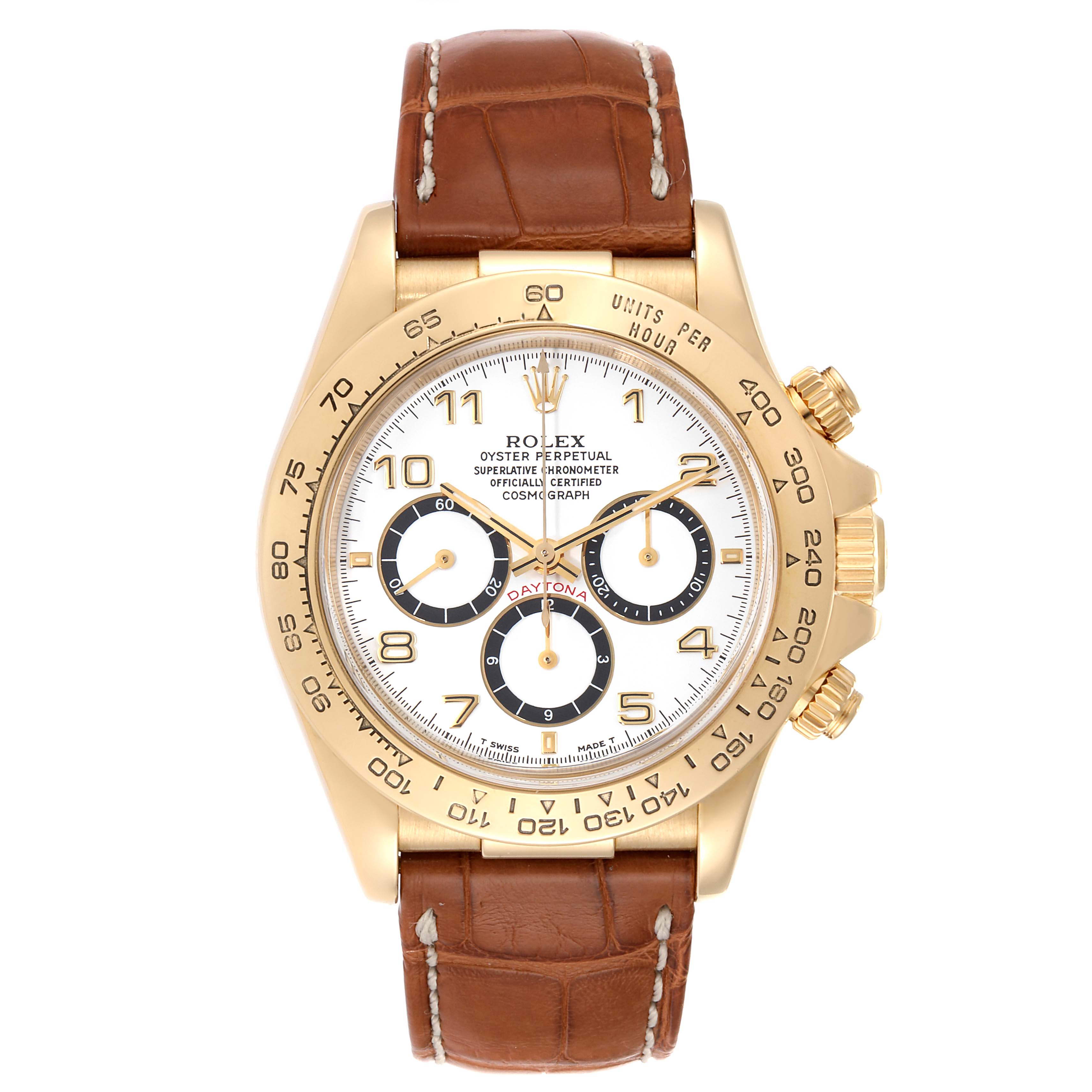 This image shows a frontal view of the Rolex Daytona 16518 Men's Yellow Gold White Dial 16518 Men's Yellow Gold White Dial watch with a brown leather strap and gold bezel.