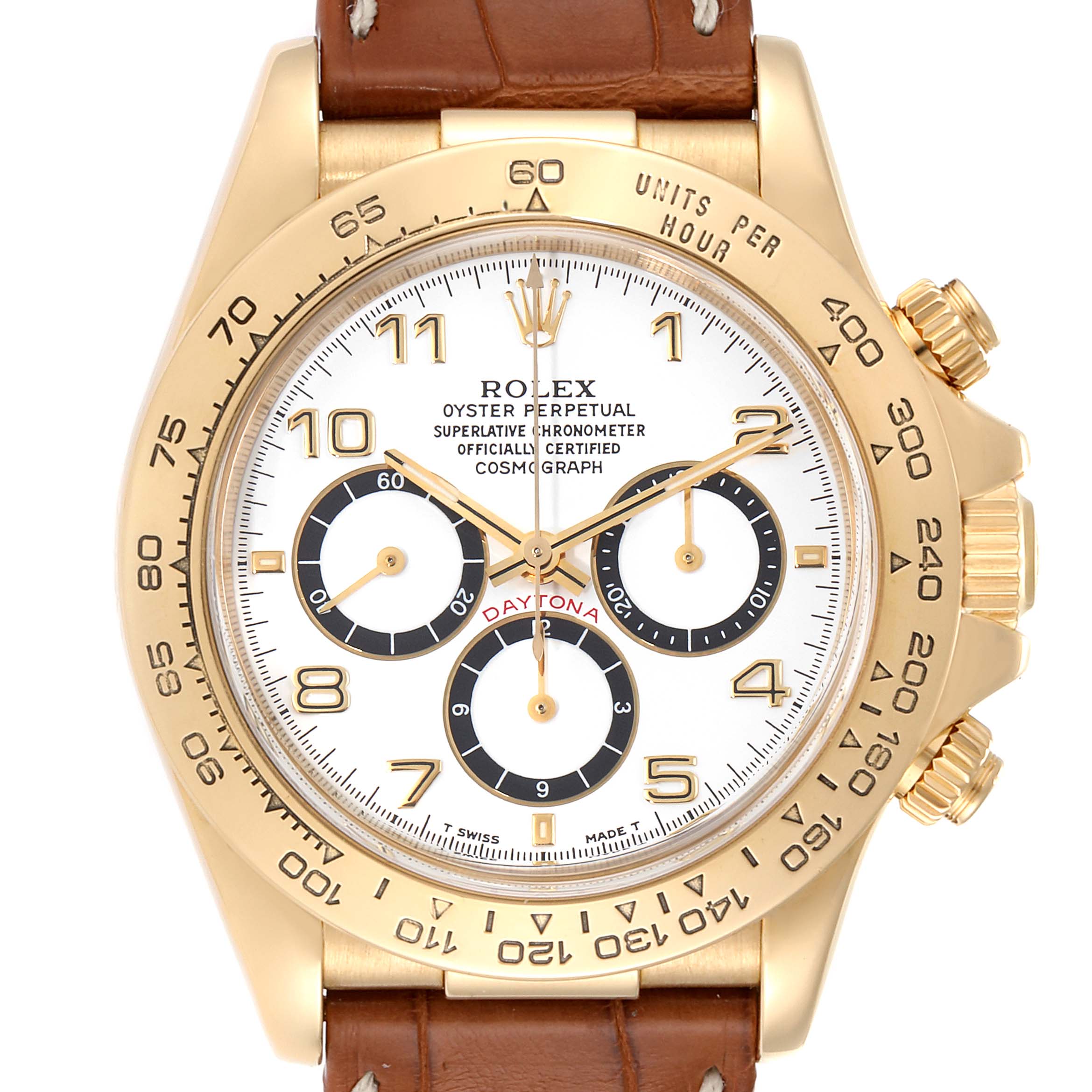 The image shows a frontal view of a Rolex Daytona 16518 Men's Yellow Gold White Dial 16518 Men's Yellow Gold White Dial watch featuring a white dial, gold bezel, and brown leather strap.