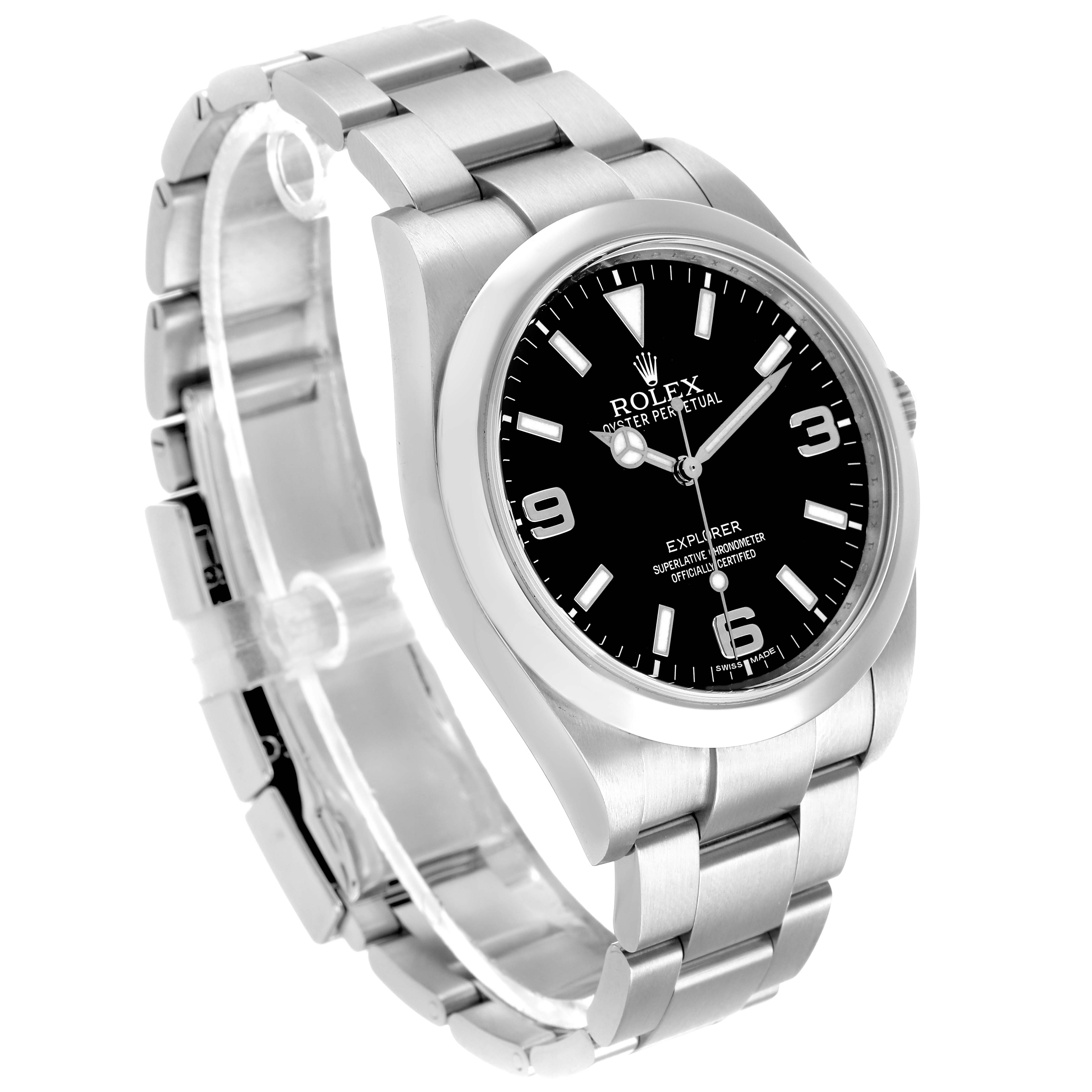 The Rolex Explorer 214270 Men's Stainless Steel Black Dial watch is shown from an angled perspective, displaying the dial, bezel, and bracelet.