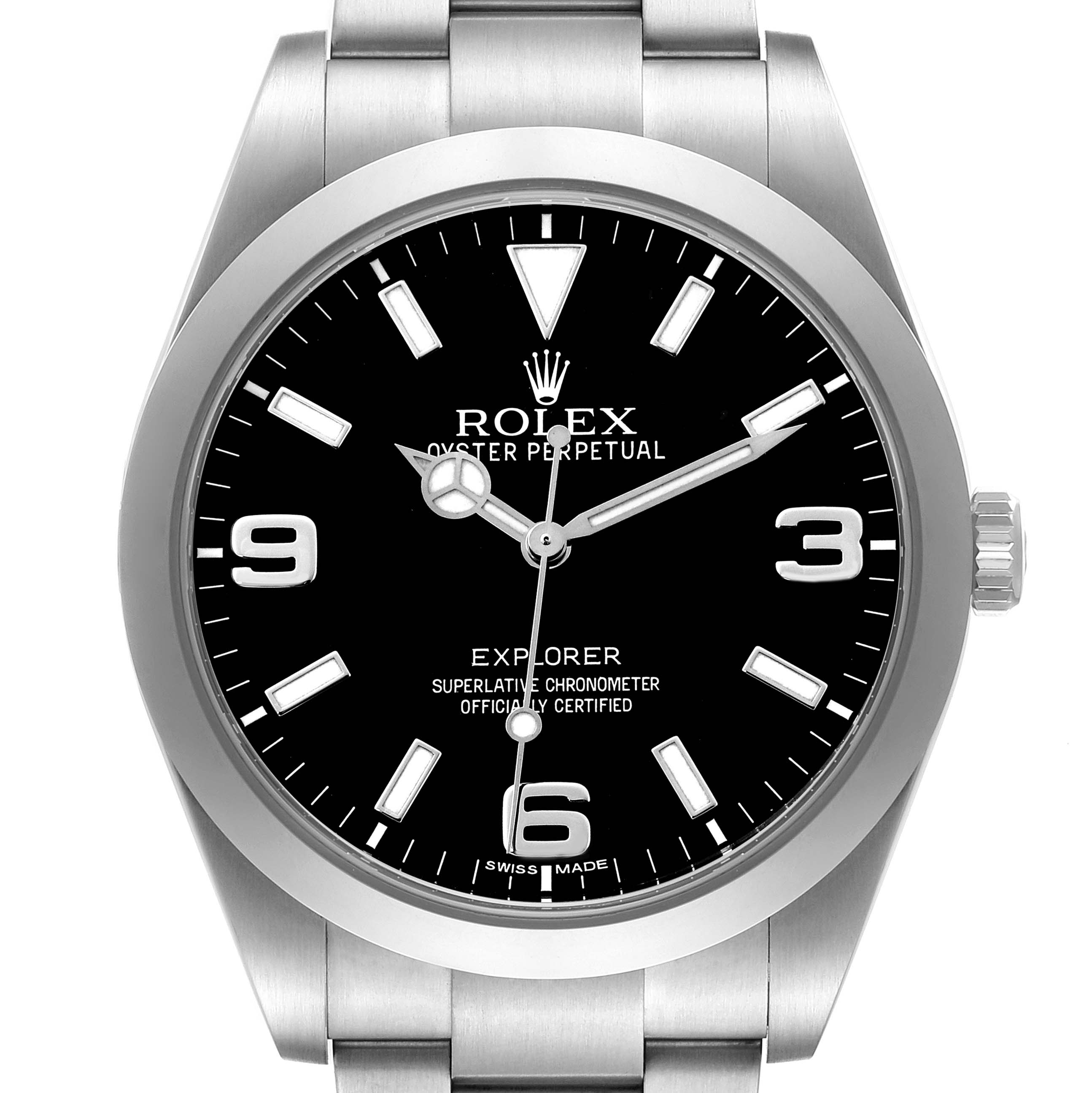 The Rolex Explorer 214270 Men's Stainless Steel Black Dial watch is shown from a front angle, highlighting its dial, hands, hour markers, bezel, and part of the bracelet.