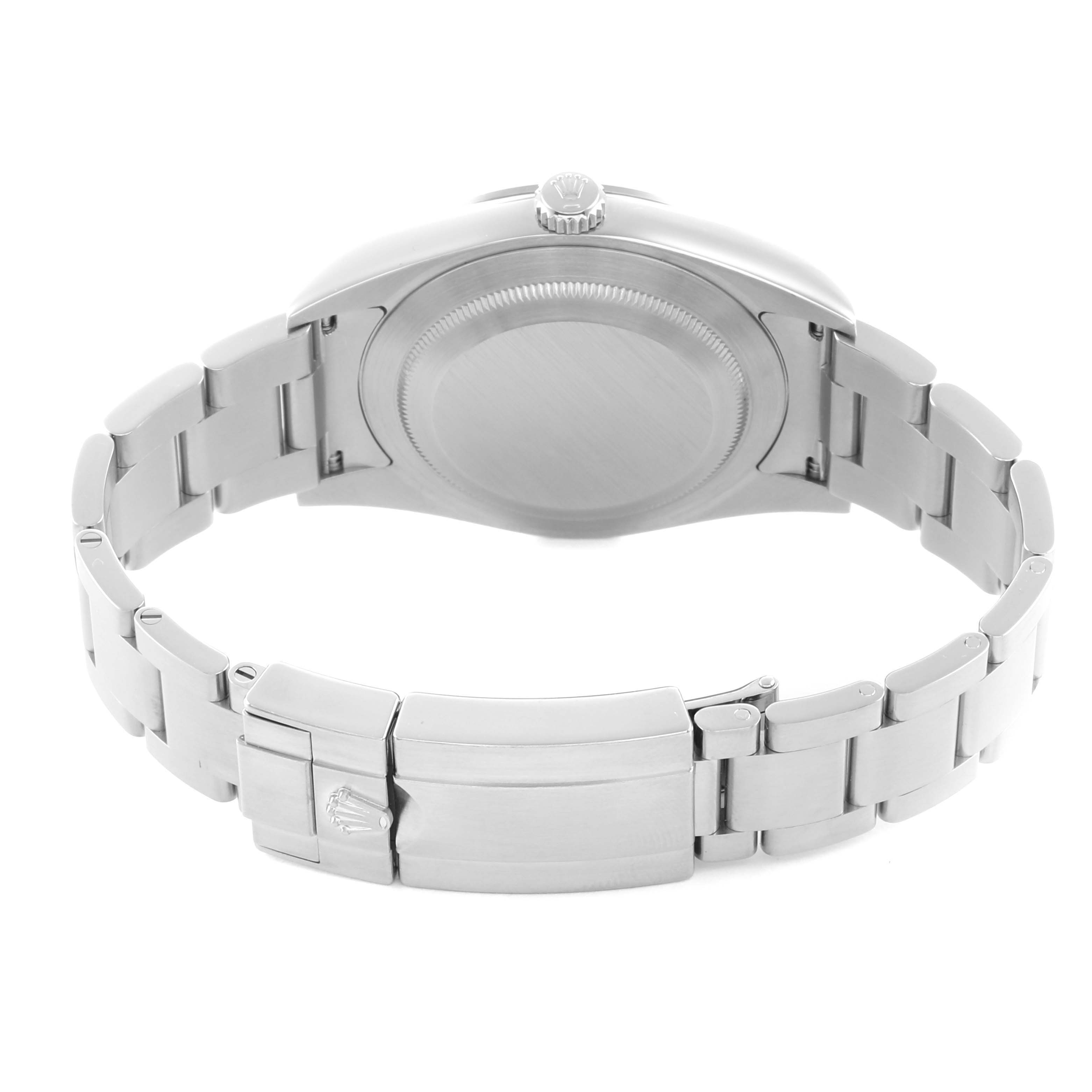 The image shows the back of a Rolex Explorer 214270 Men's Stainless Steel Black Dial, highlighting the case back and bracelet clasp.