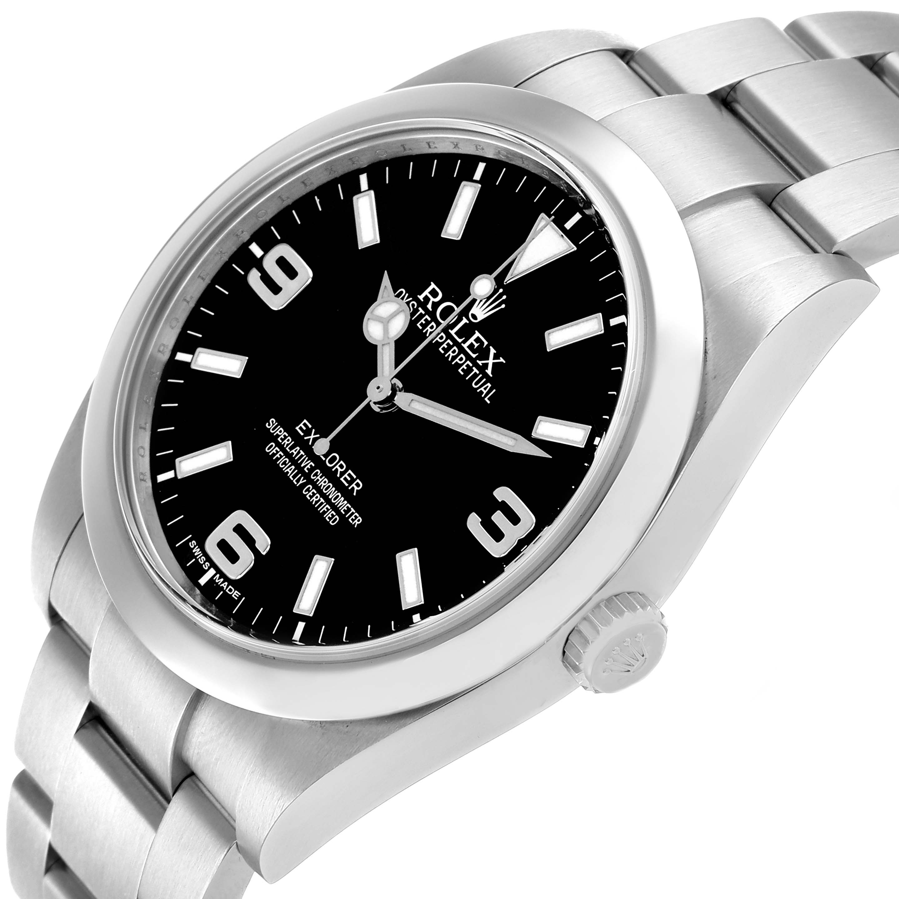 The Rolex Explorer 214270 Men's Stainless Steel Black Dial watch is shown from an angled top view, highlighting the dial, bezel, case, and part of the bracelet.