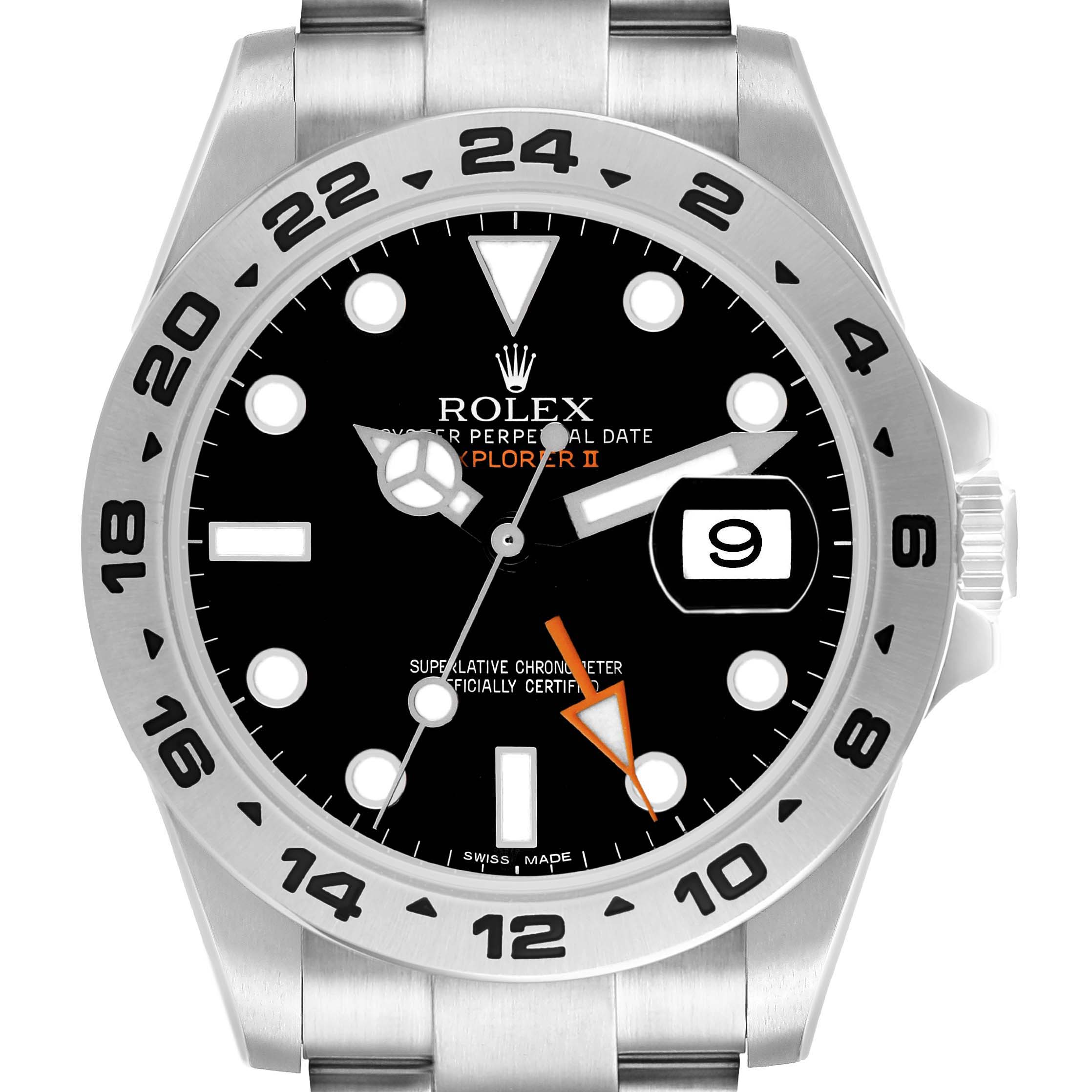 The Rolex Explorer 216570 Men's Stainless Steel Black Dial II watch is shown from a front view, displaying the dial, hands, date, and numbered bezel.