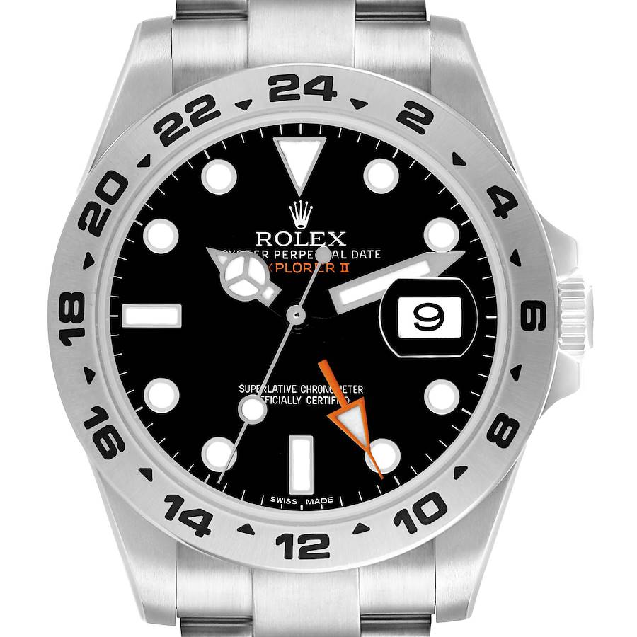 The Rolex Explorer 216570 Men's Stainless Steel Black Dial II watch is shown from a front view, displaying the dial, hands, date, and numbered bezel.