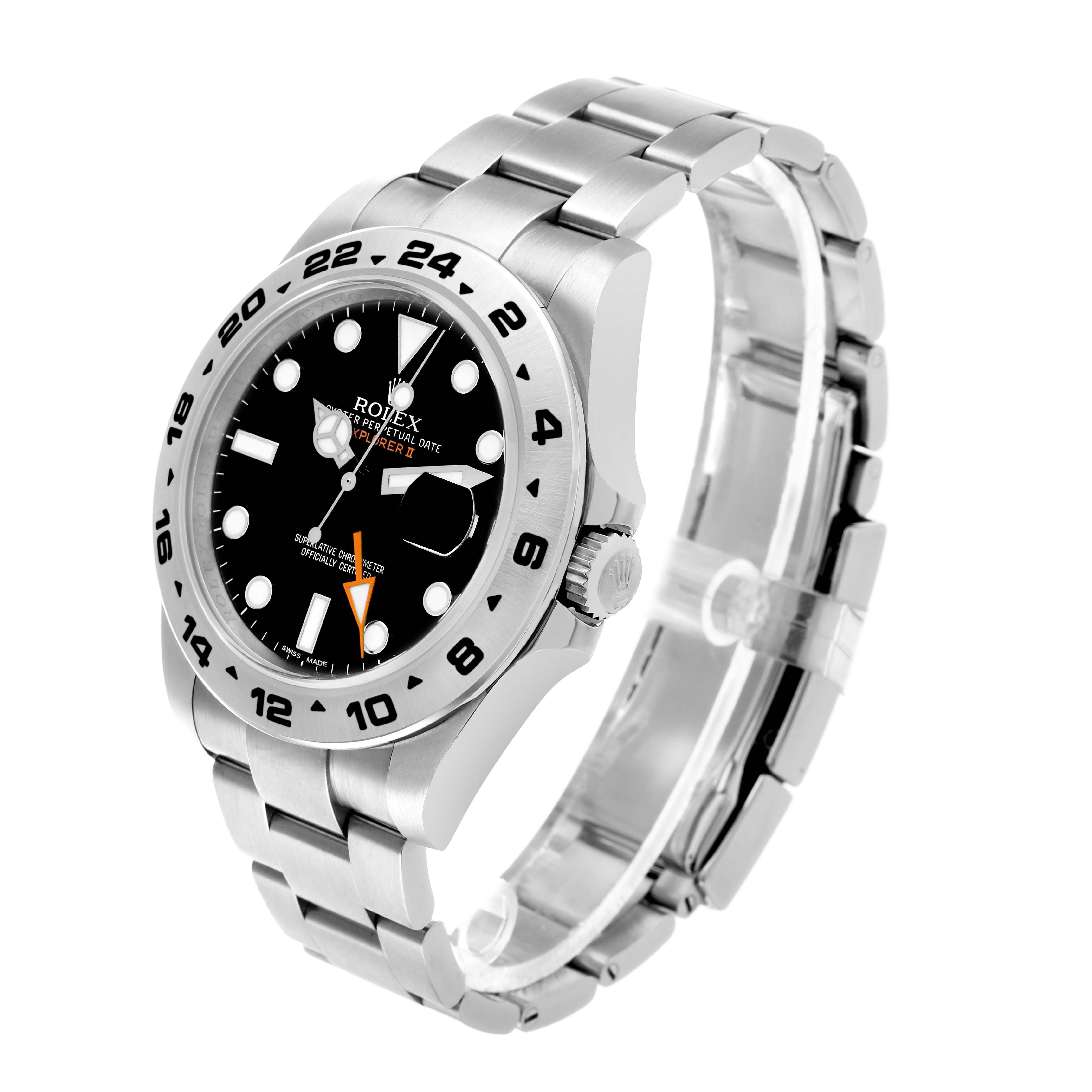 The Rolex Explorer 216570 Men's Stainless Steel Black Dial watch is shown at an angled view displaying the face, bezel, bracelet, and crown.