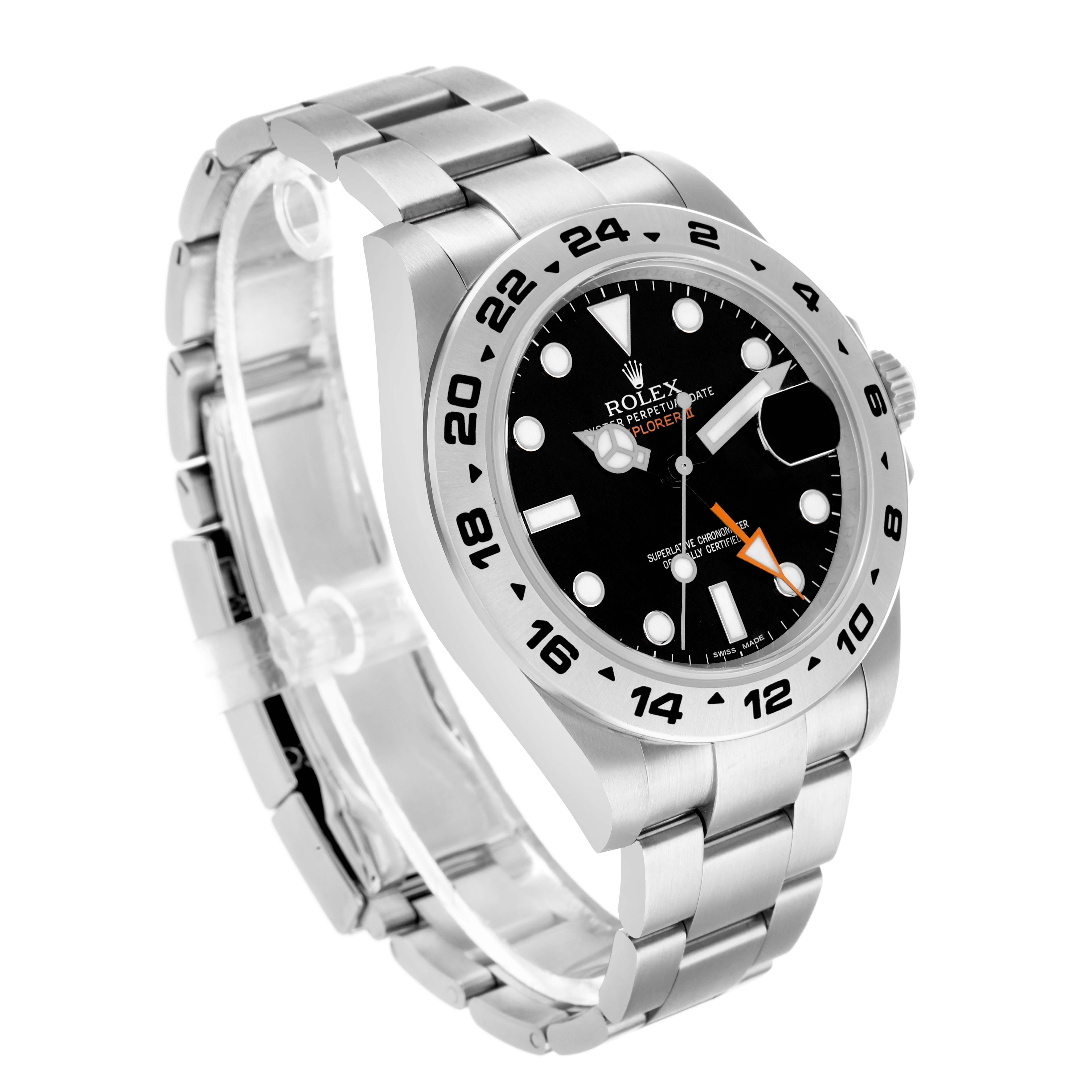 The Rolex Explorer 216570 Men's Stainless Steel Black Dial watch is shown at a three-quarter angle, displaying the bezel, dial, and bracelet.