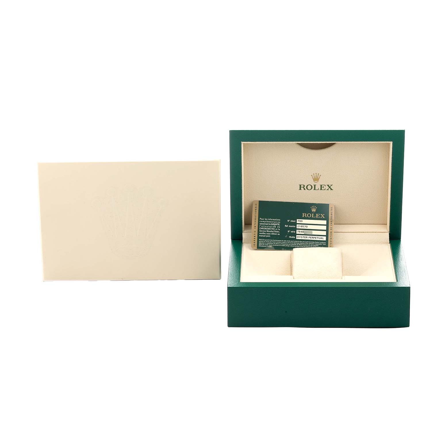 The image shows the packaging for a Rolex Explorer 216570 Men's Stainless Steel Black Dial, including the box and warranty card.