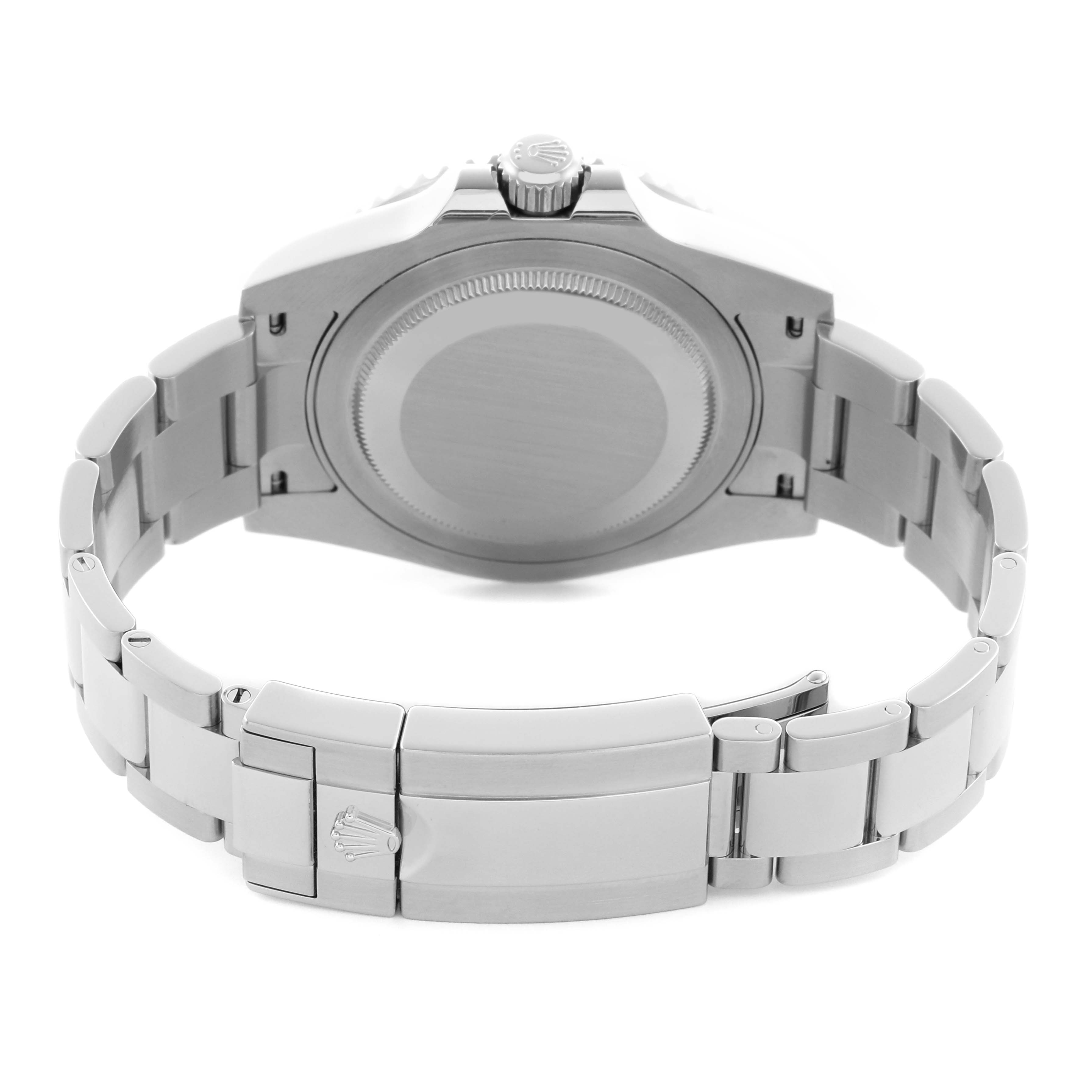 The image shows the back of a Rolex GMT-Master 116710BLNR Men's Stainless Steel Black Dial, highlighting the case back, crown, and clasp of the bracelet.