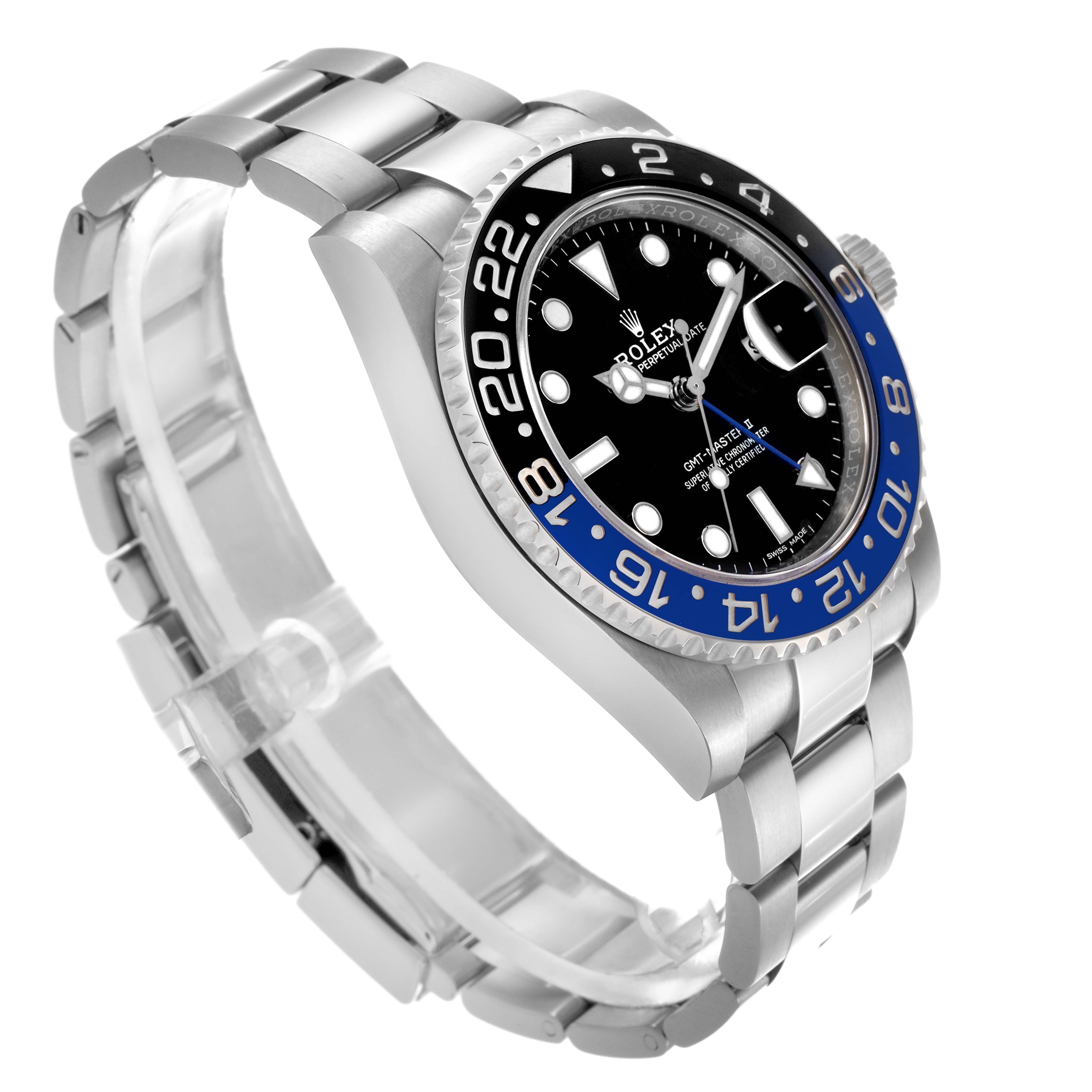 The Rolex GMT-Master 116710BLNR Men's Stainless Steel Black Dial watch is shown at a tilted angle, displaying the face, bezel, crown, and stainless steel bracelet.