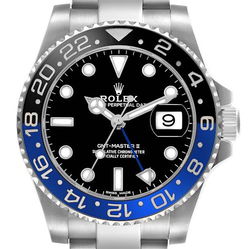 The image shows a Rolex GMT-Master 116710BLNR Men's Stainless Steel Black Dial II watch from a front angle, highlighting its bezel, dial, and part of the bracelet.
