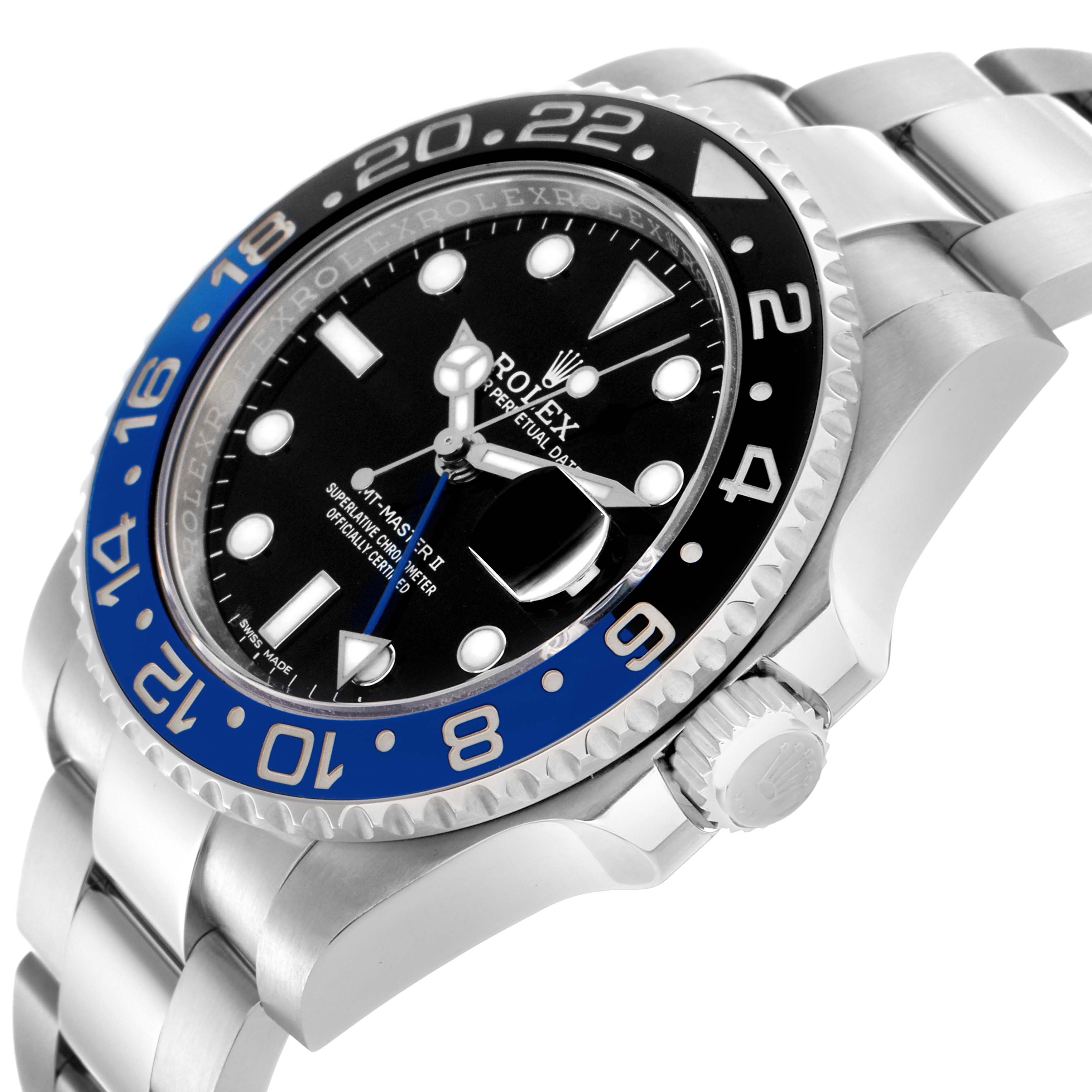 The Rolex GMT-Master 116710BLNR Men's Stainless Steel Black Dial is shown at an angled side view, highlighting the bezel, dial, crown, and bracelet.