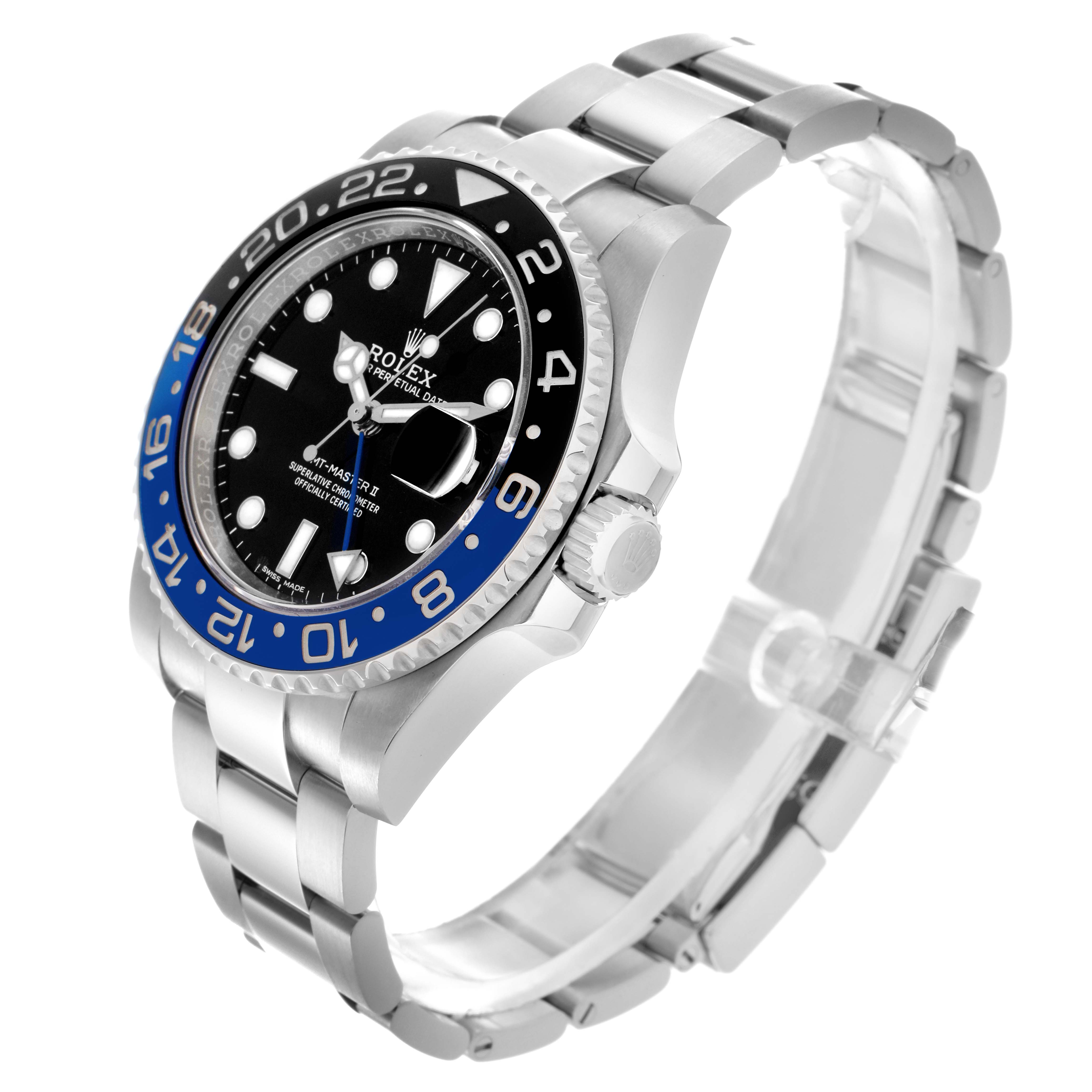 The Rolex GMT-Master 116710BLNR Men's Stainless Steel Black Dial watch is shown at a three-quarter angle, highlighting its bezel, dial, and bracelet.