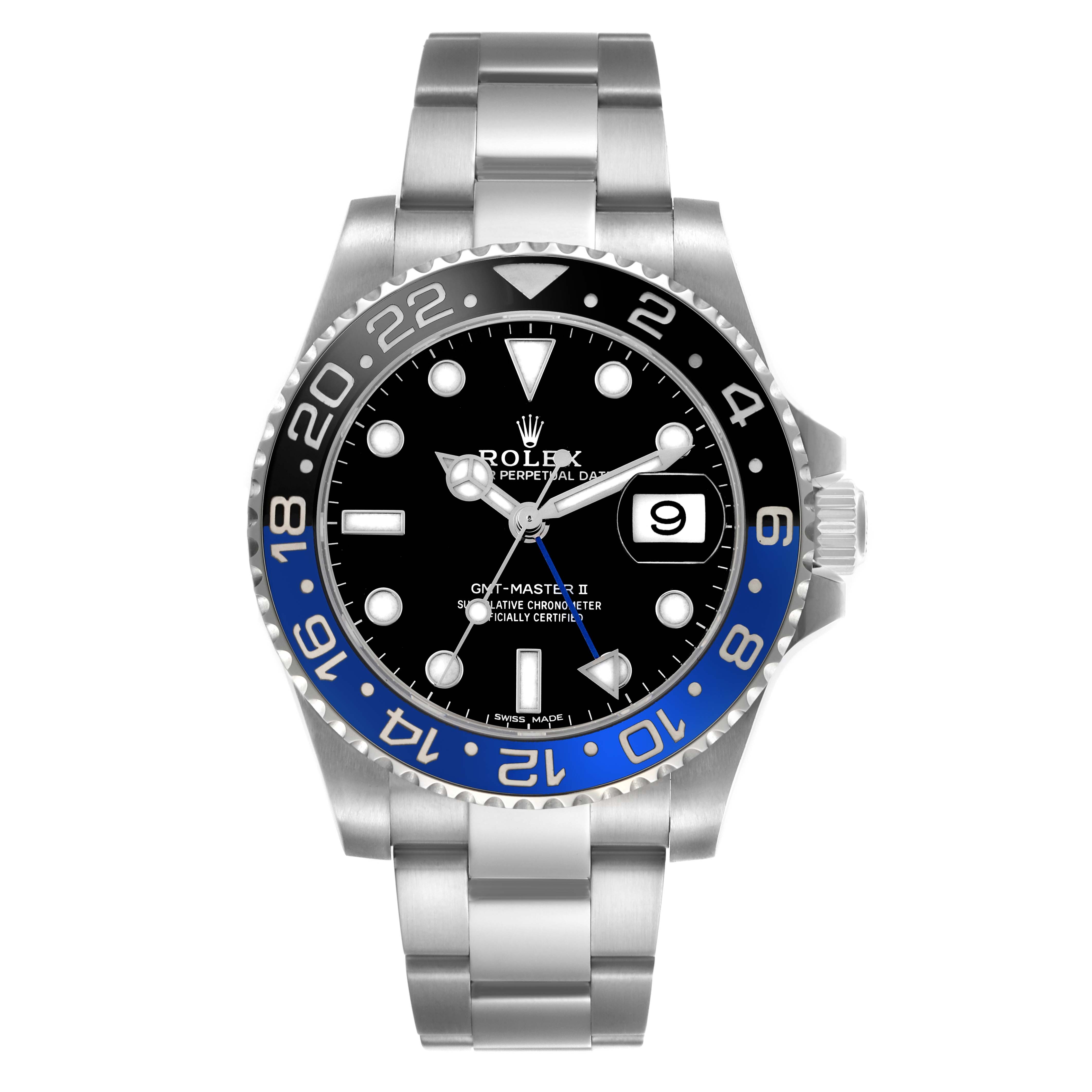 The Rolex GMT-Master 116710BLNR Men's Stainless Steel Black Dial watch is shown from the front, displaying the dial, bezel, and bracelet with a black and blue color scheme.