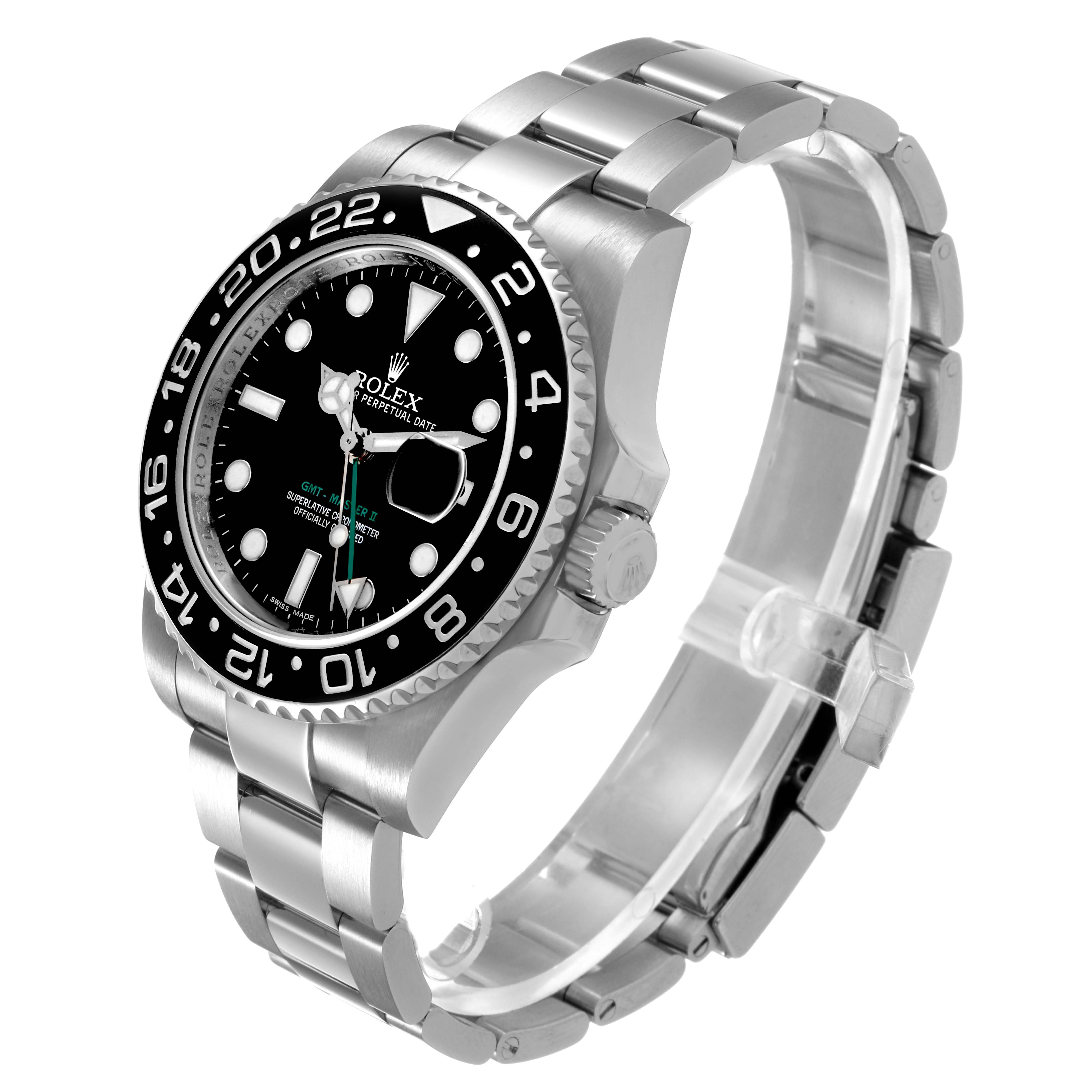 The Rolex GMT-Master 116710 Men's Stainless Steel Black Dial watch is displayed at a three-quarter angle, showing the face, bezel, crown, and bracelet.