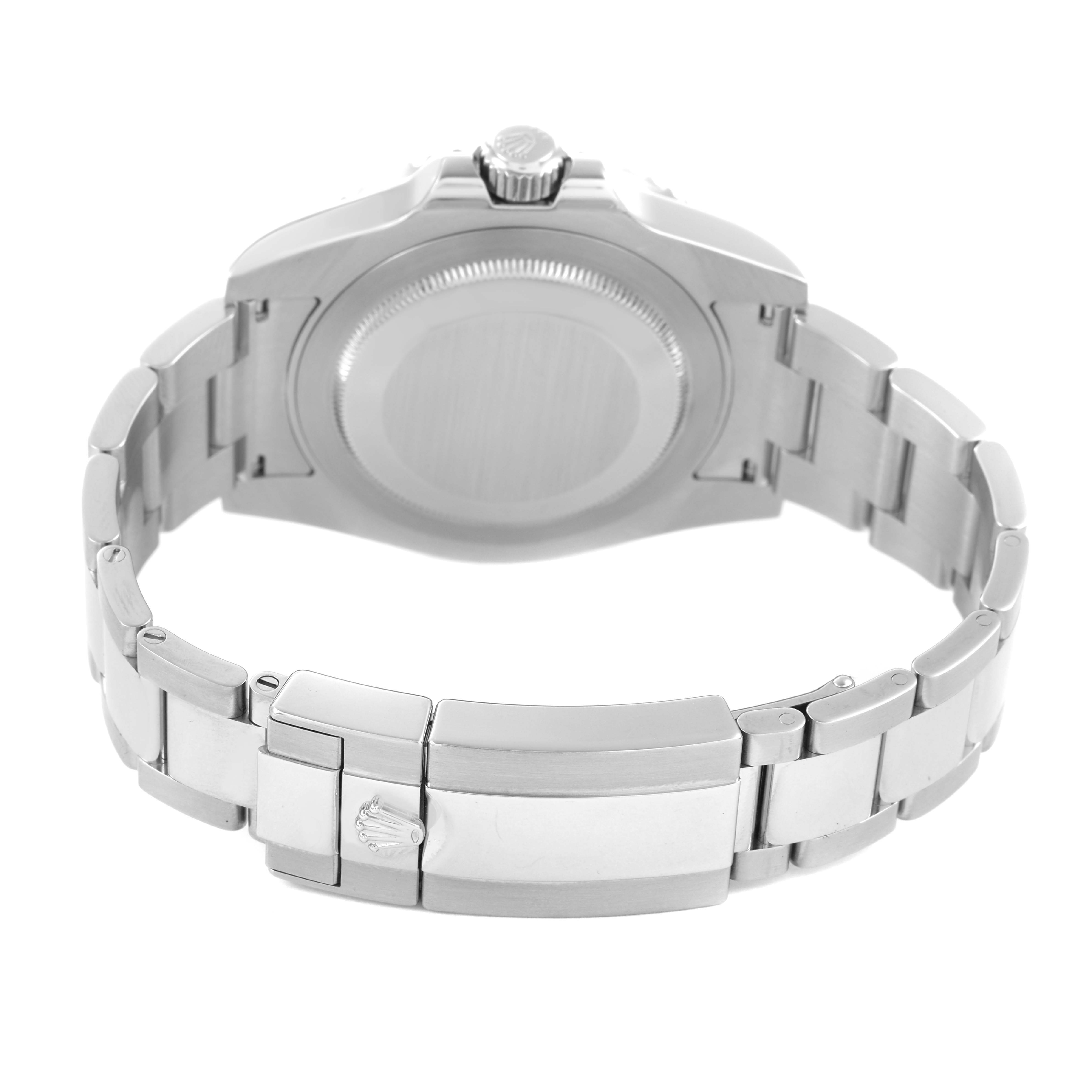 The image shows the back case and bracelet of the Rolex GMT-Master 116710 Men's Stainless Steel Black Dial, viewed from the rear.