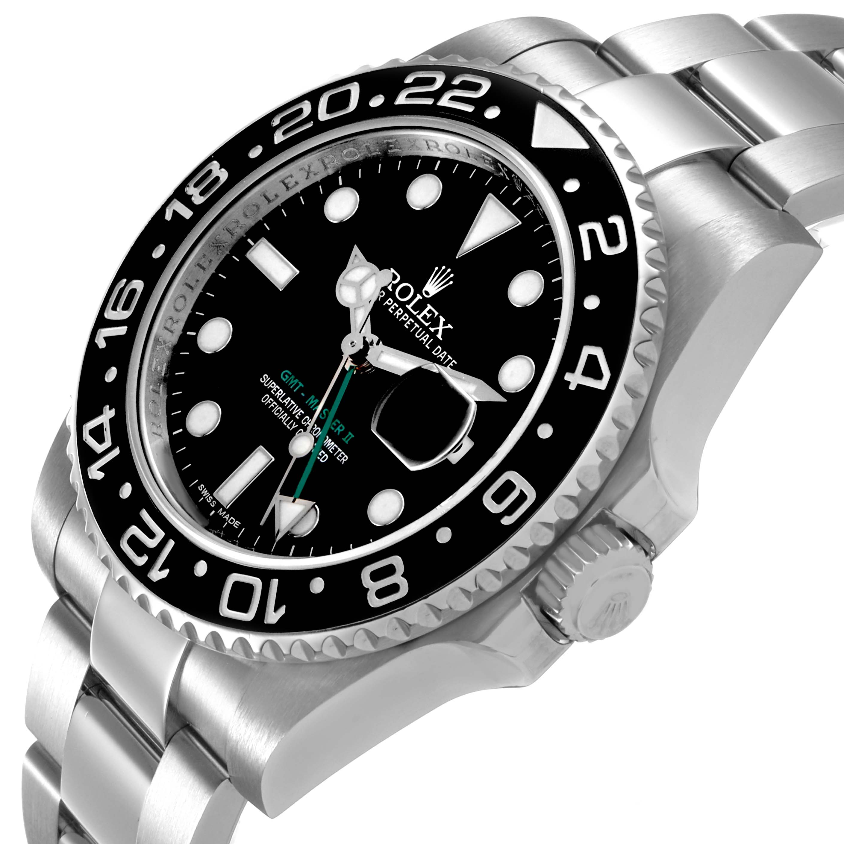 The Rolex GMT-Master 116710 Men's Stainless Steel Black Dial watch is shown at a side angle highlighting the bezel, crown, and bracelet.
