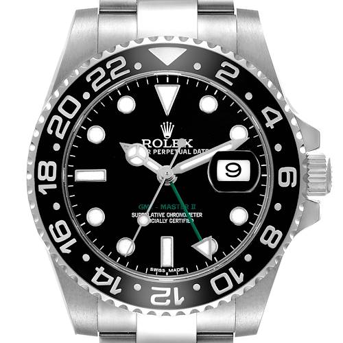 The Rolex GMT-Master 116710 Men's Stainless Steel Black Dial watch is shown from a front angle, highlighting the dial, bezel, crown, and part of the bracelet.