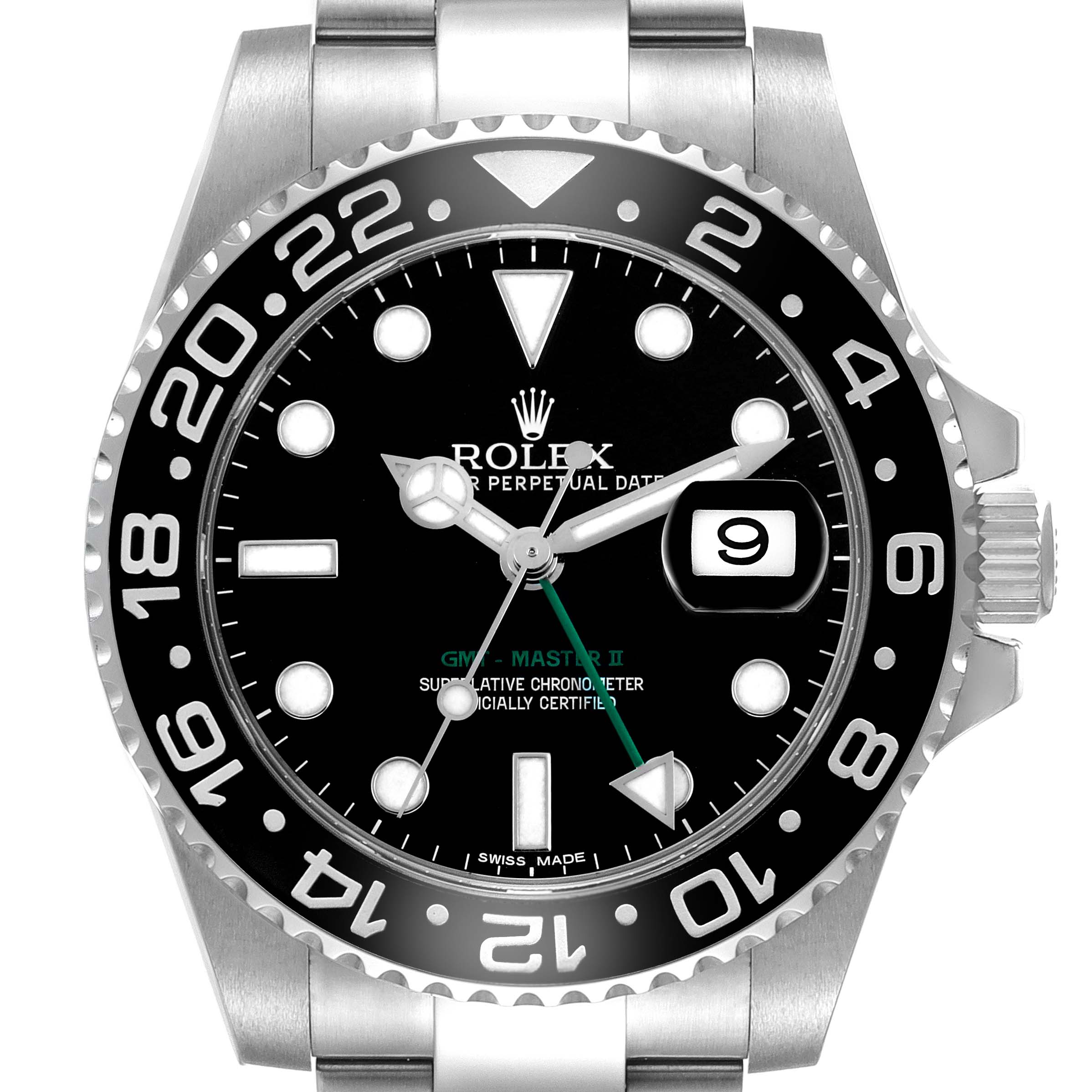 The image shows a front view of the Rolex GMT-Master 116710 Men's Stainless Steel Black Dial watch face, bezel, and part of the bracelet.