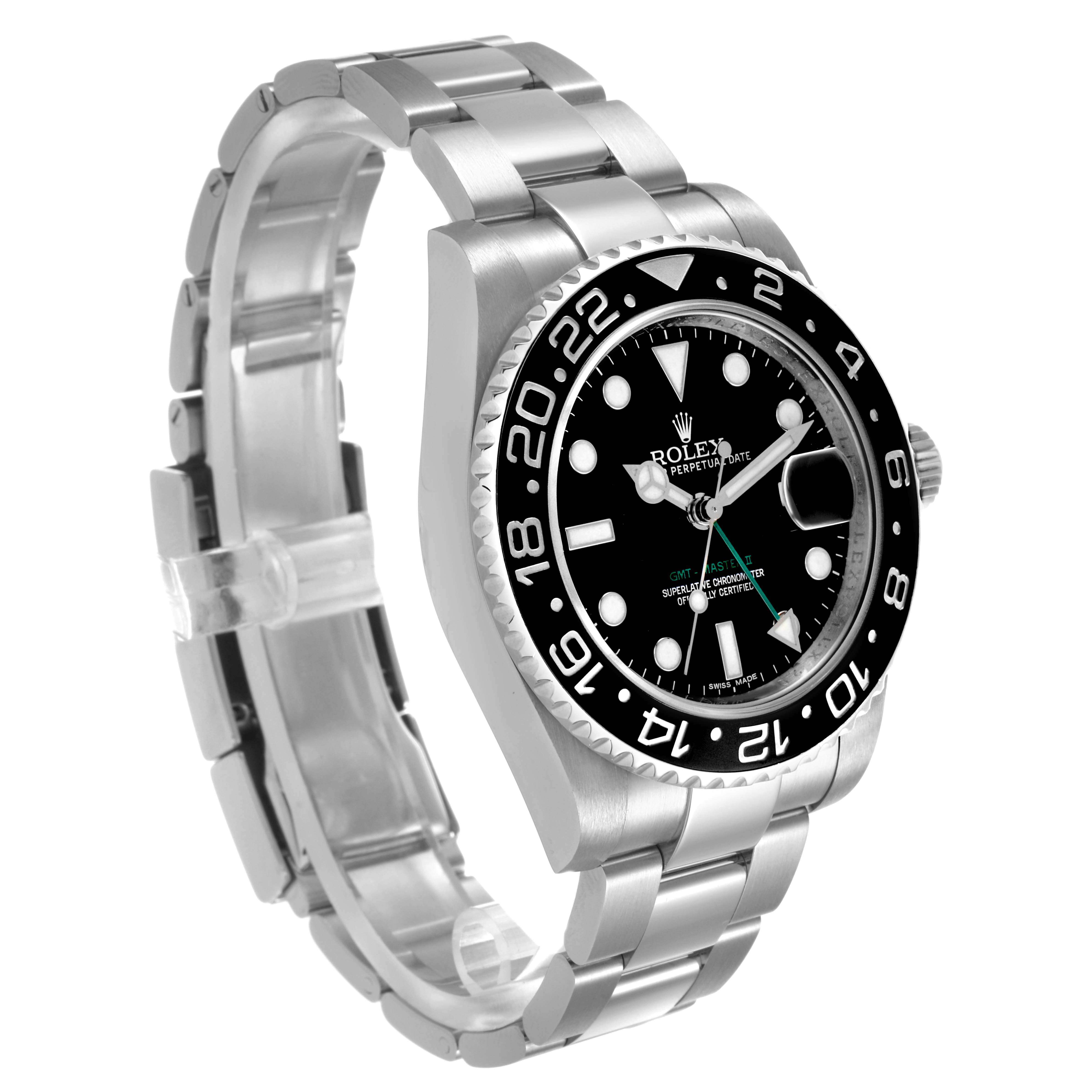 The Rolex GMT-Master 116710 Men's Stainless Steel Black Dial watch is shown at a slight angle, displaying the bracelet, bezel, and dial clearly.