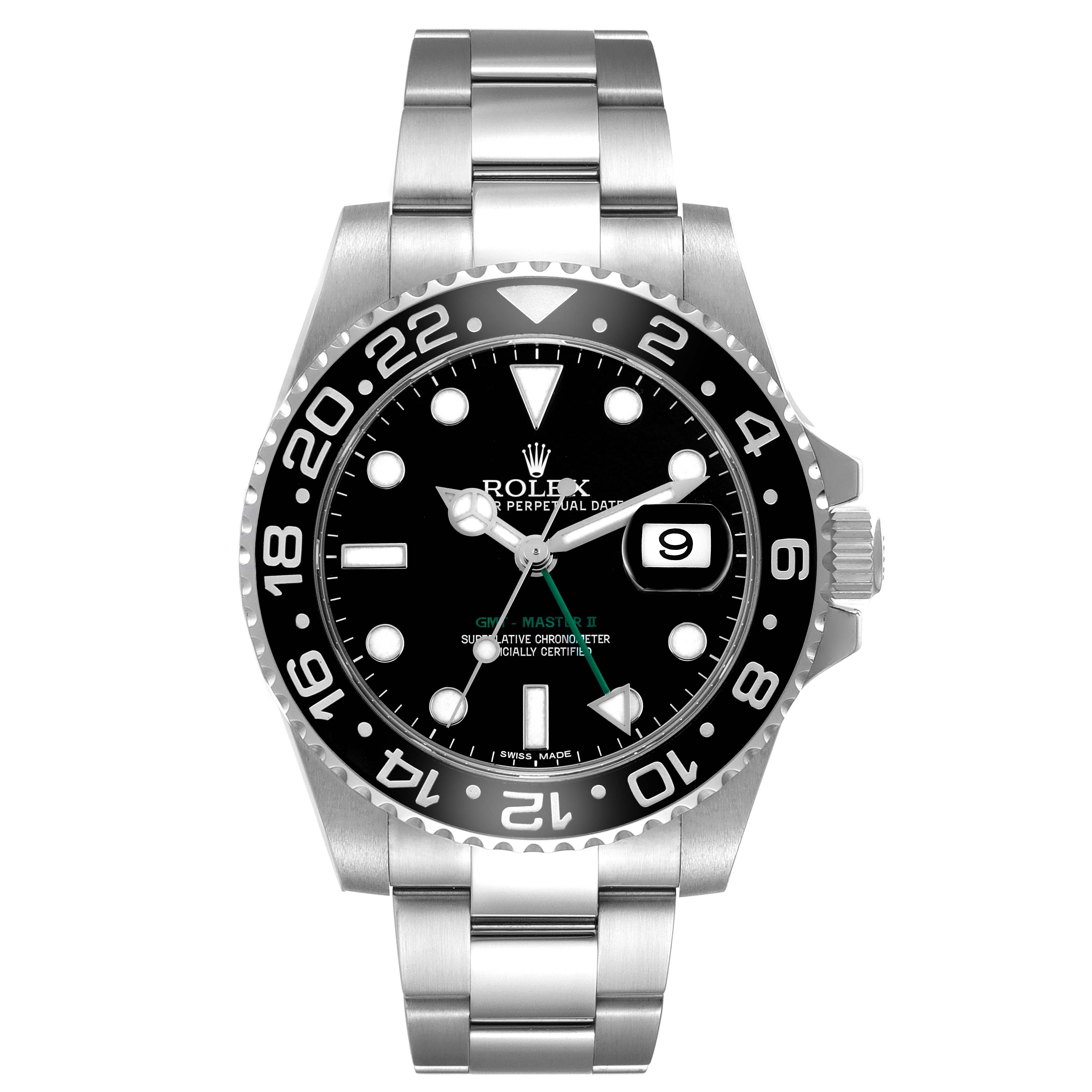 The image shows a frontal view of a Rolex GMT-Master 116710 Men's Stainless Steel Black Dial watch, highlighting the bezel, dial, and bracelet.