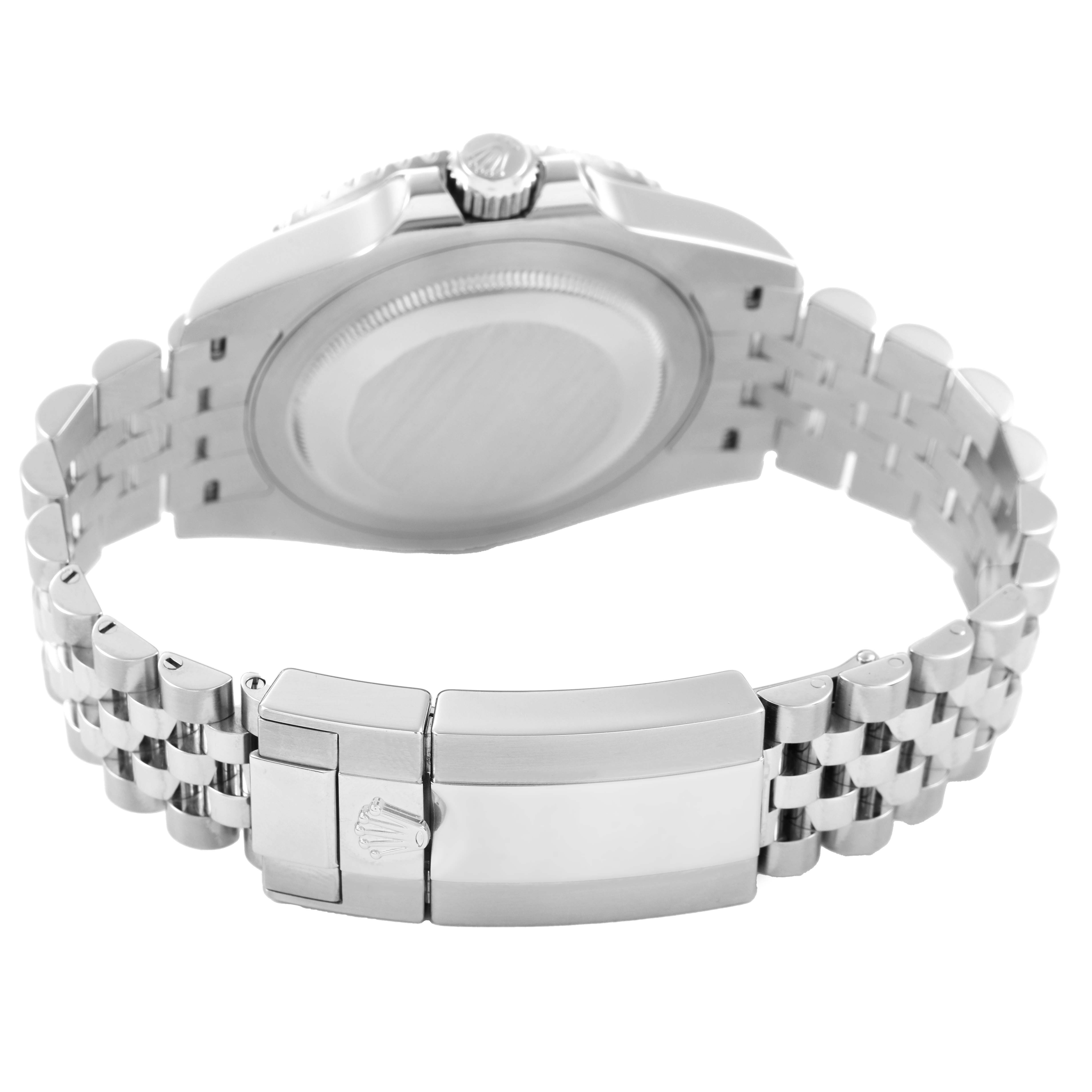 The image shows the back view of the Rolex GMT-Master 126710BLRO Men's Stainless Steel Black Dial, highlighting the clasp and bracelet.