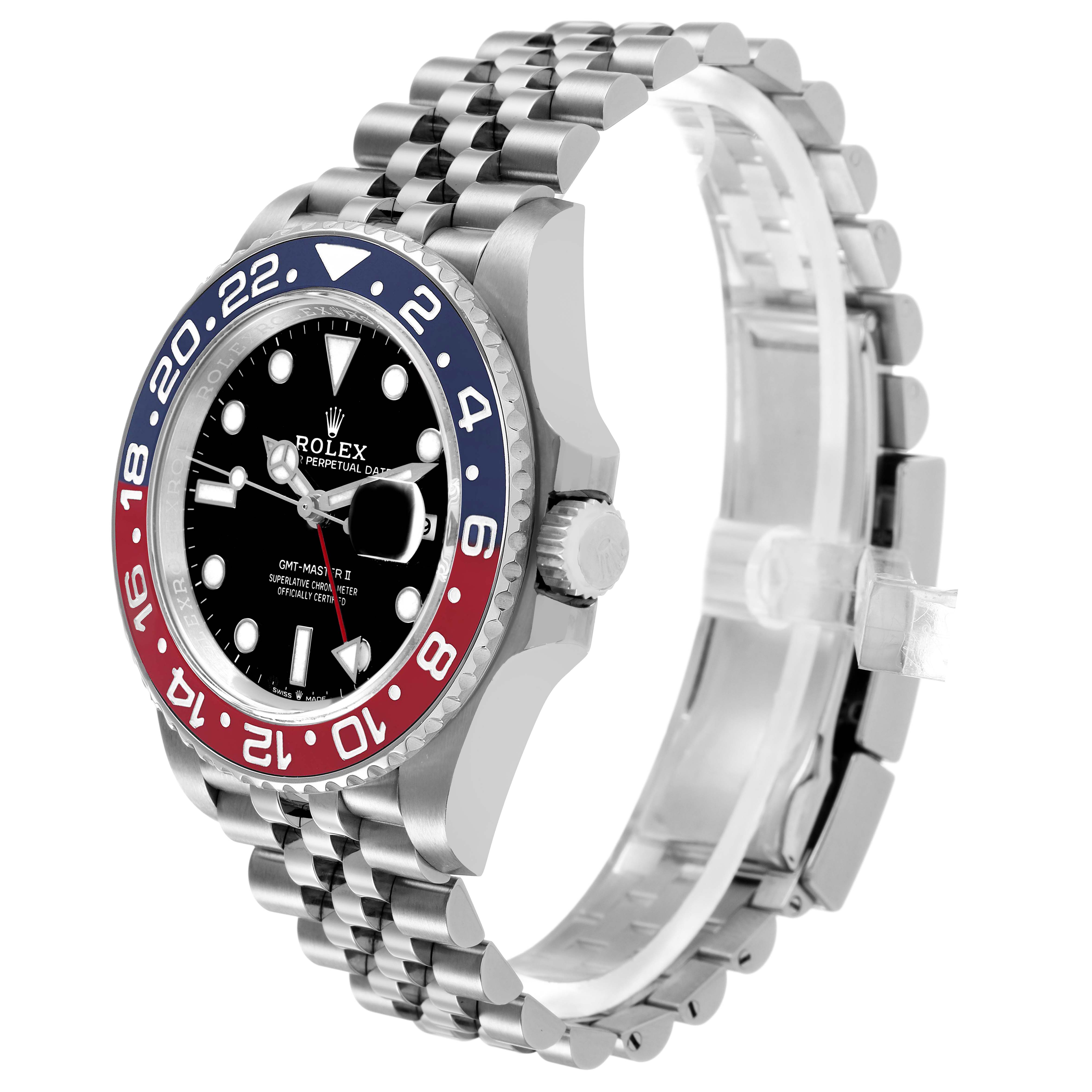 The Rolex GMT-Master 126710BLRO Men's Stainless Steel Black Dial watch is shown at a three-quarter angle, displaying the bezel, dial, crown, and bracelet.