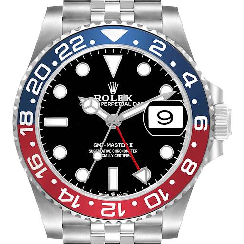 The Rolex GMT-Master 126710BLRO Men's Stainless Steel Black Dial watch is shown from the front, highlighting its black dial, red and blue bezel, and bracelet.