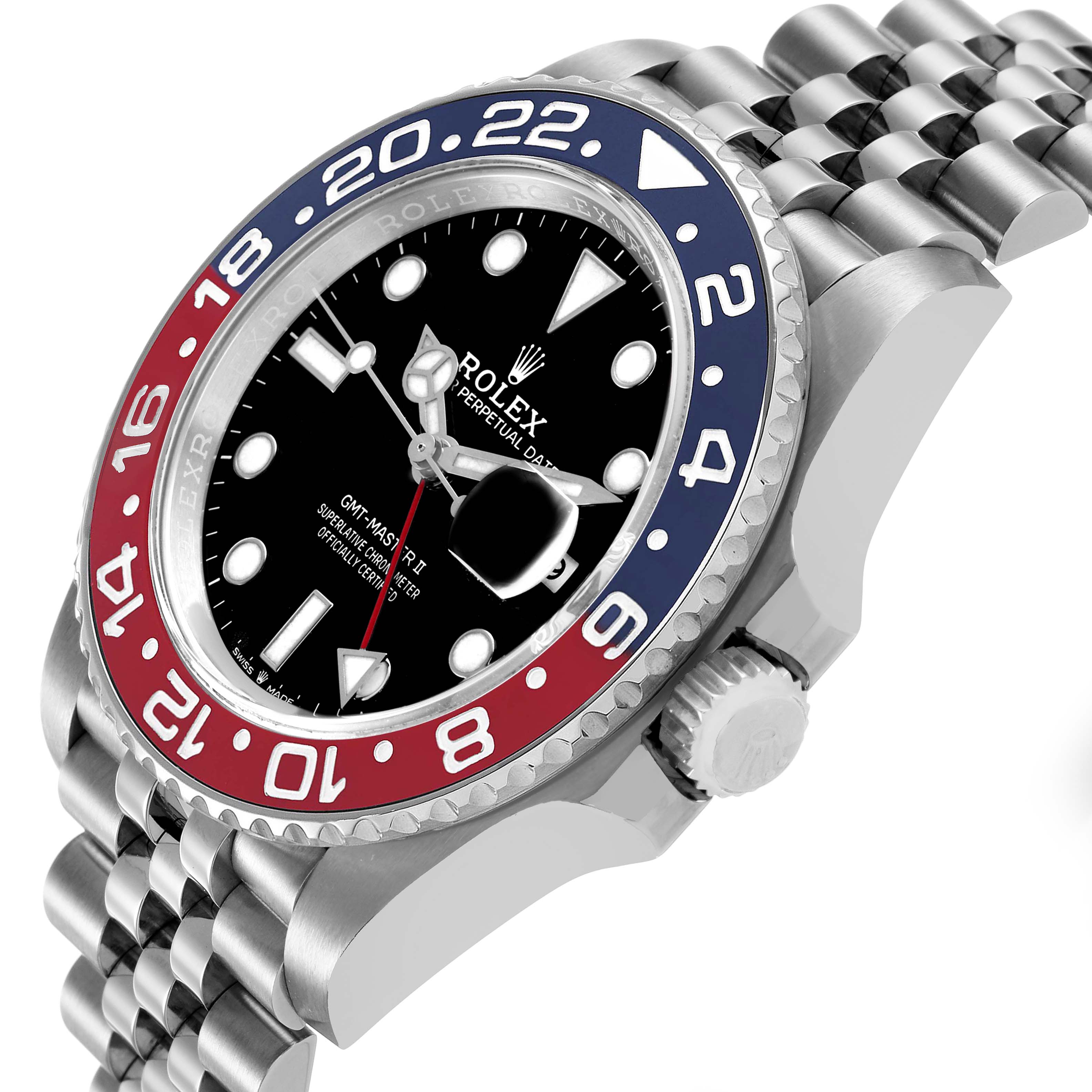 The image shows a Rolex GMT-Master 126710BLRO Men's Stainless Steel Black Dial II at an angle highlighting the bezel, dial, crown, and bracelet.