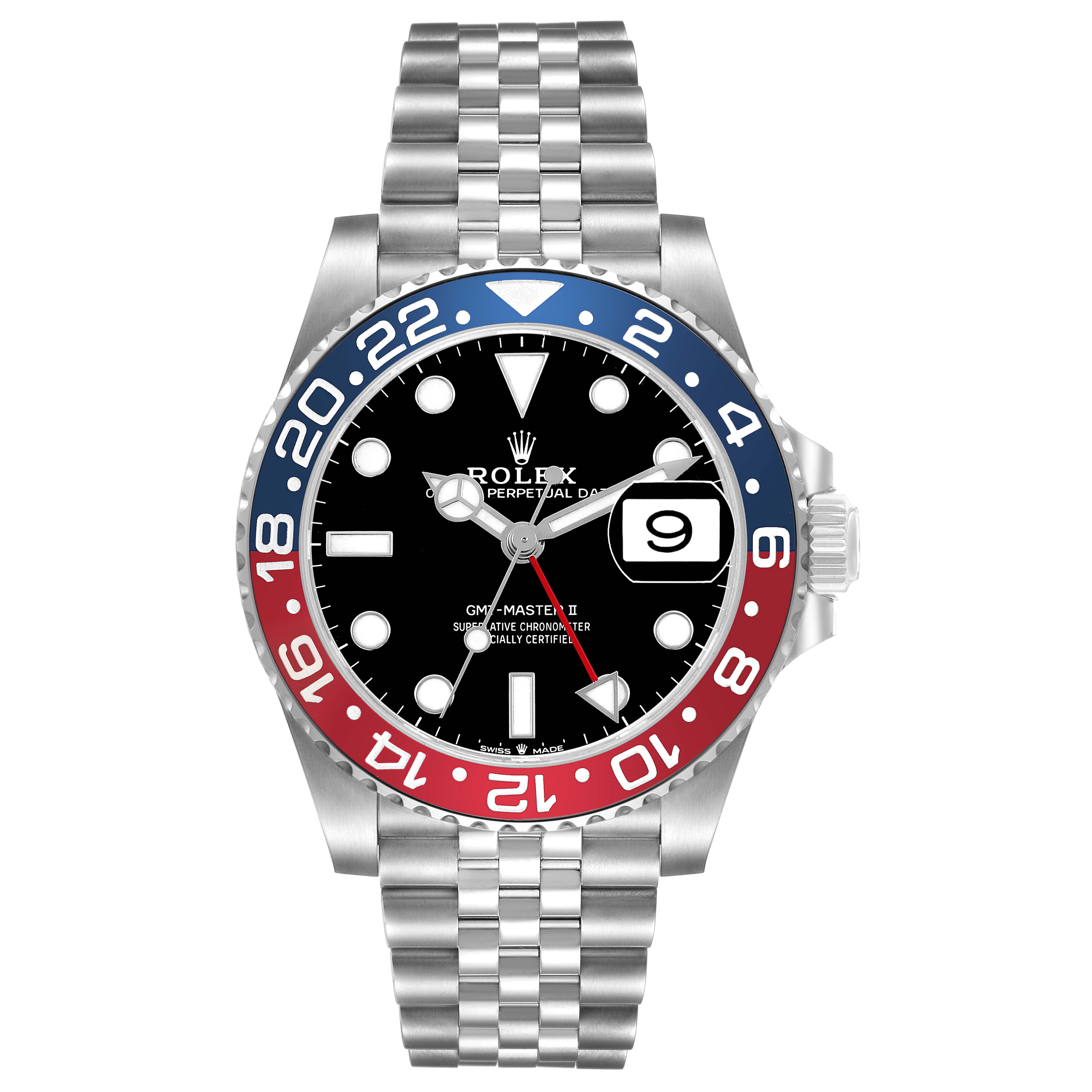 The Rolex GMT-Master 126710BLRO Men's Stainless Steel Black Dial model is shown from a front angle, displaying the bezel, dial, hands, and Jubilee bracelet.